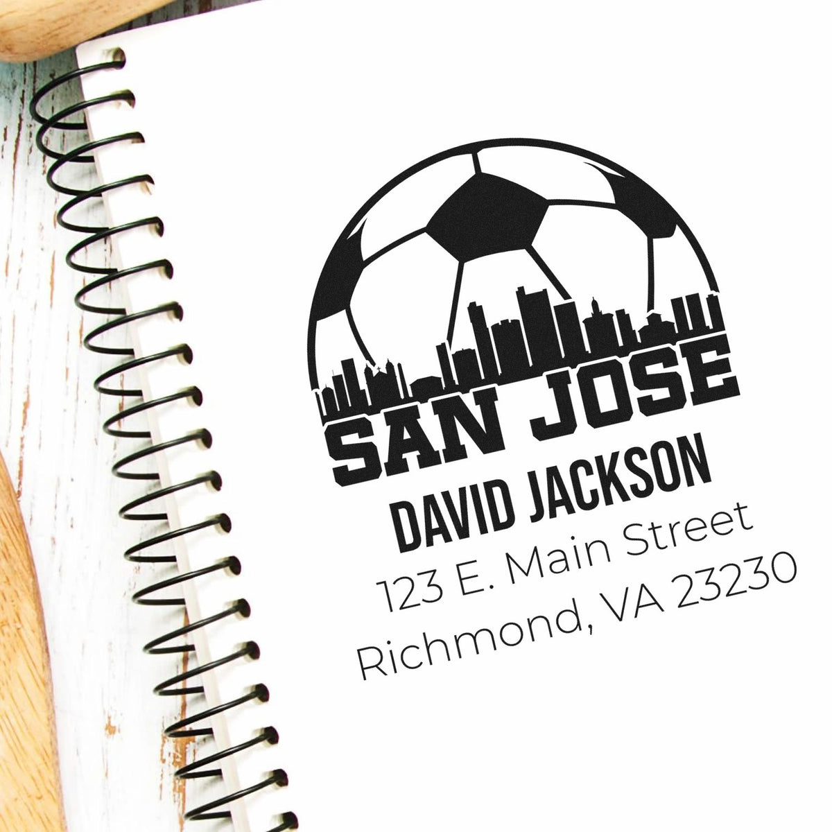 Custom soccer city skyline return address rubber stamp for San Jose, David Jackson, Richmond, VA.