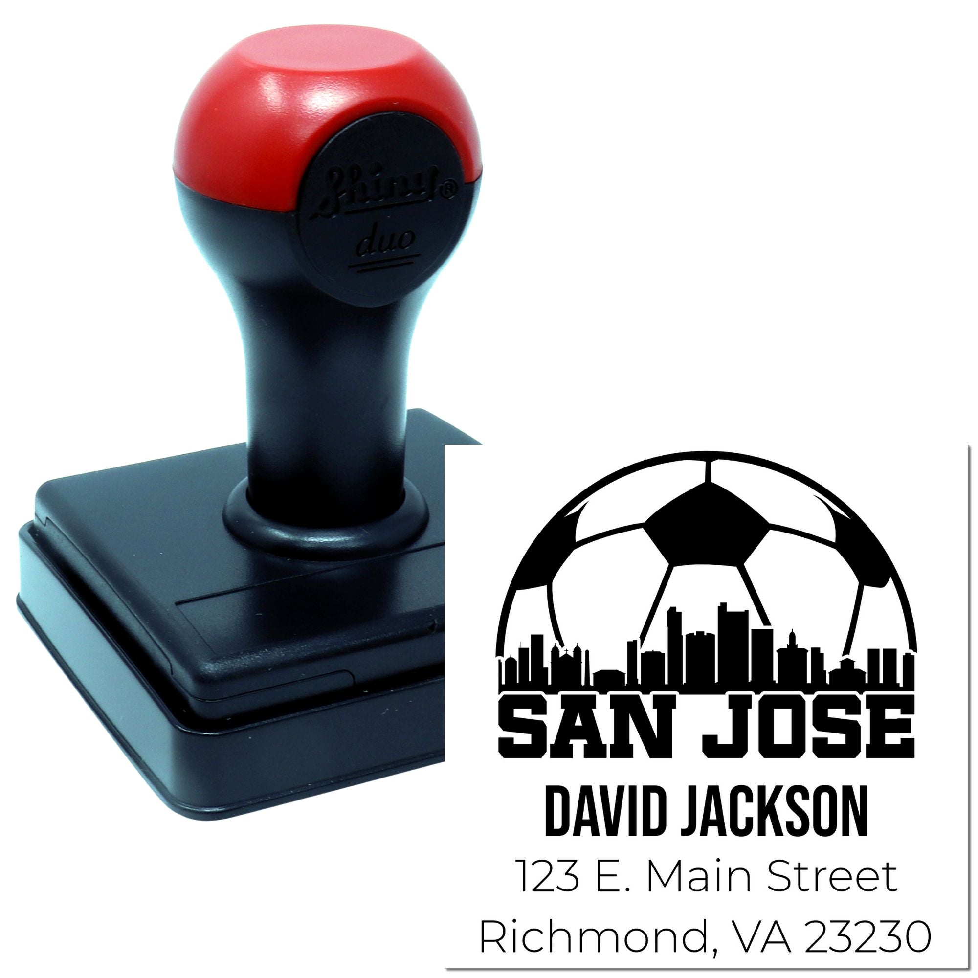Custom self-inking rubber stamp with soccer ball logo, San Jose name, and address for personalized return address use.