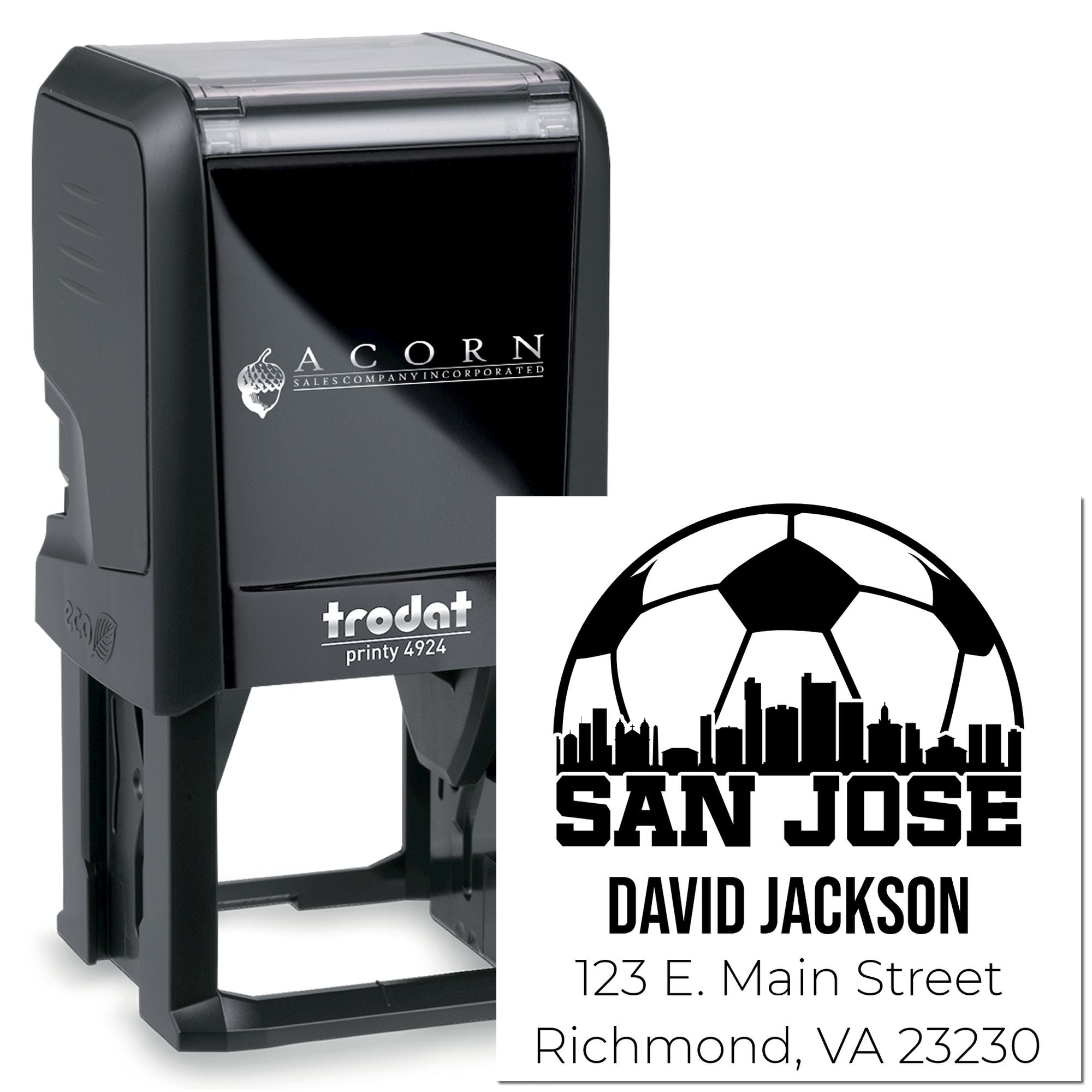 Custom self-inking rubber stamp with sports logo and address imprint, Trodat Printy 4924 personalized address stamp.
