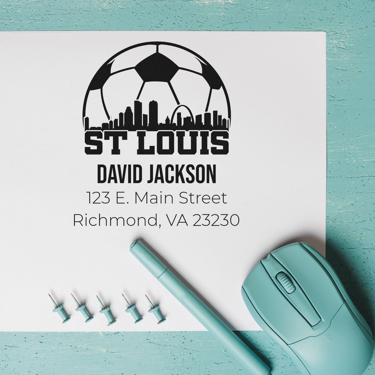 Personalized St. Louis soccer rubber stamp with skyline logo, David Jackson name, and address for business or correspondence.