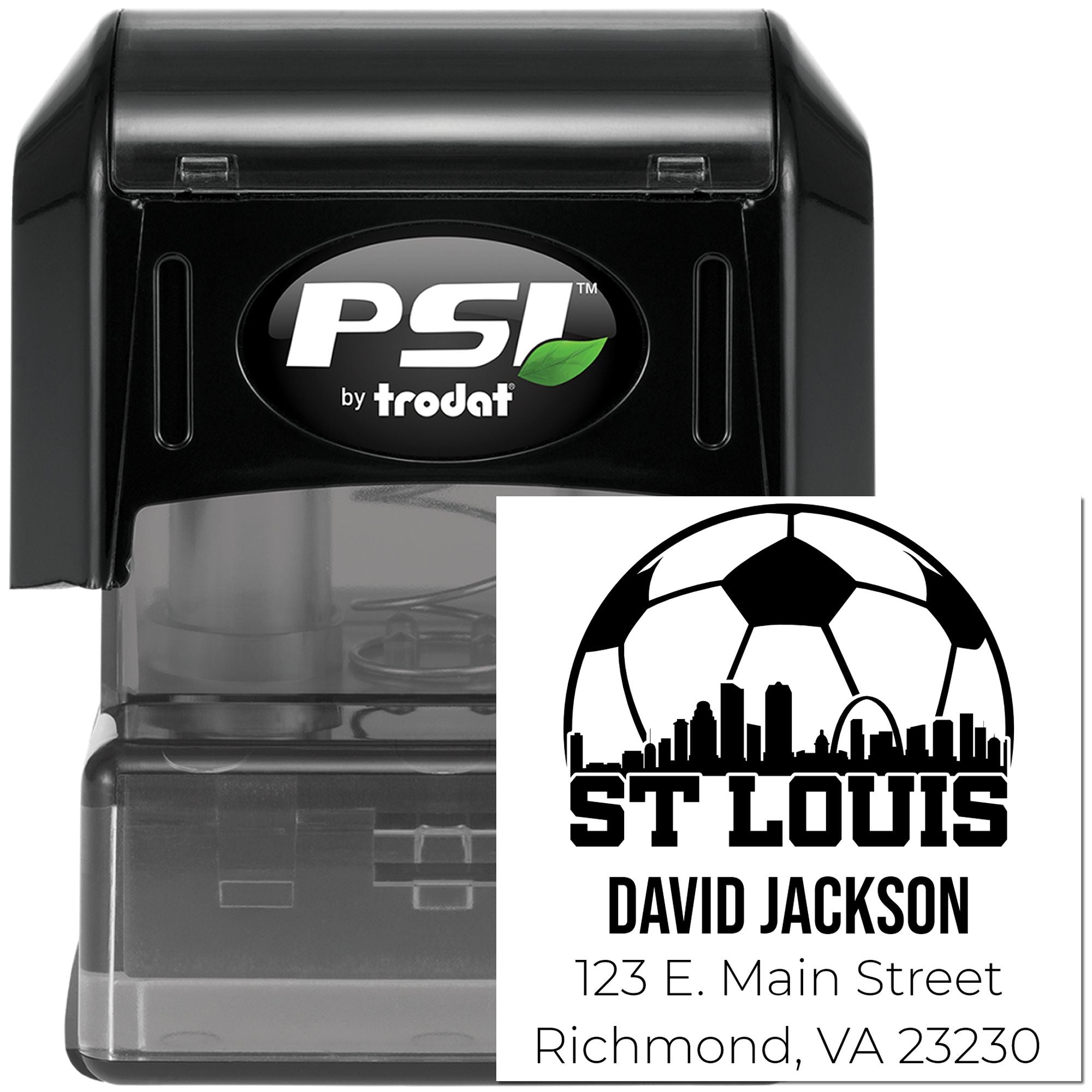 Custom self-inking rubber stamp by PSI Trodat with St. Louis soccer design, name, and return address.