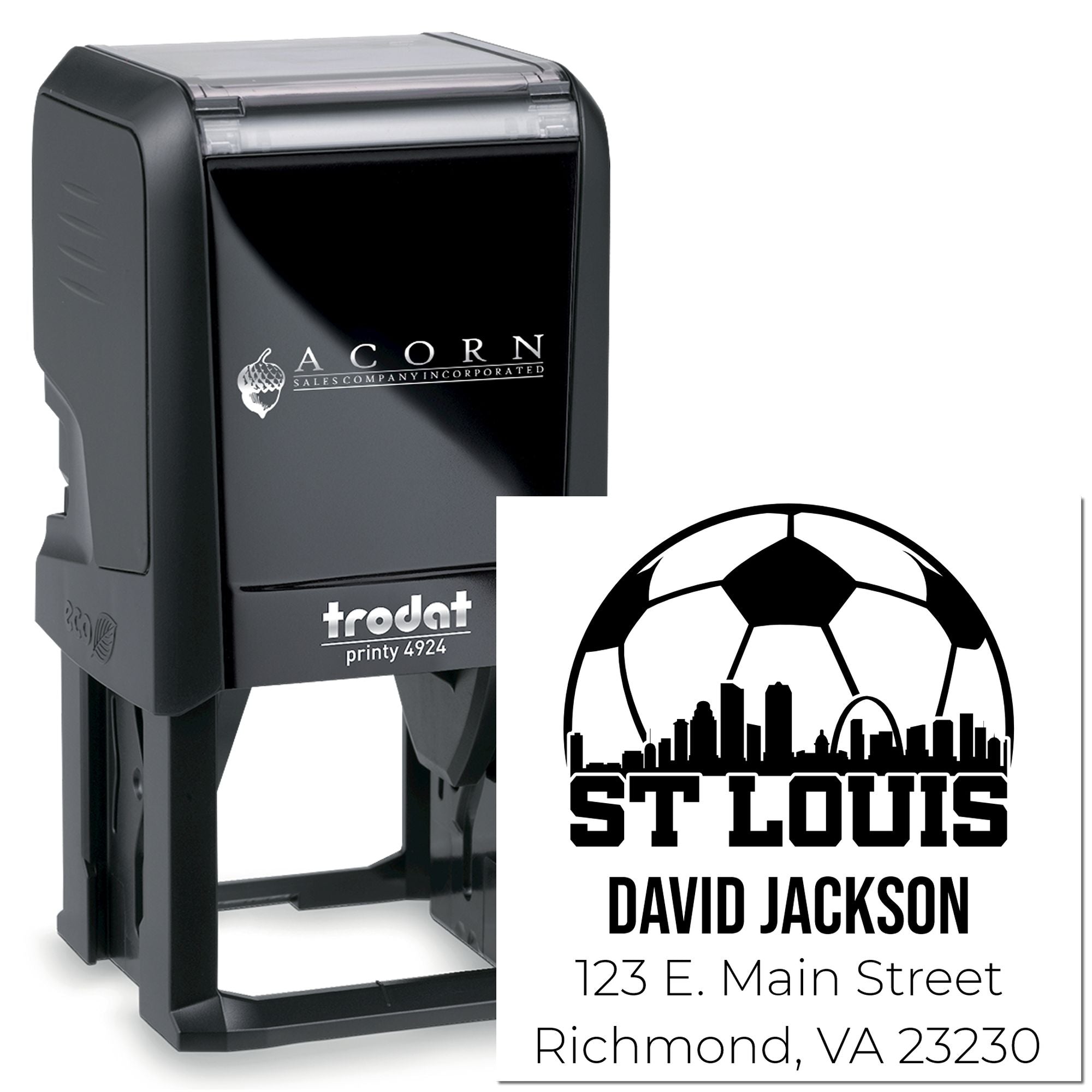 Custom self-inking Trodat Printy 4924 rubber stamp featuring a St. Louis football logo, name, and address for branding.
