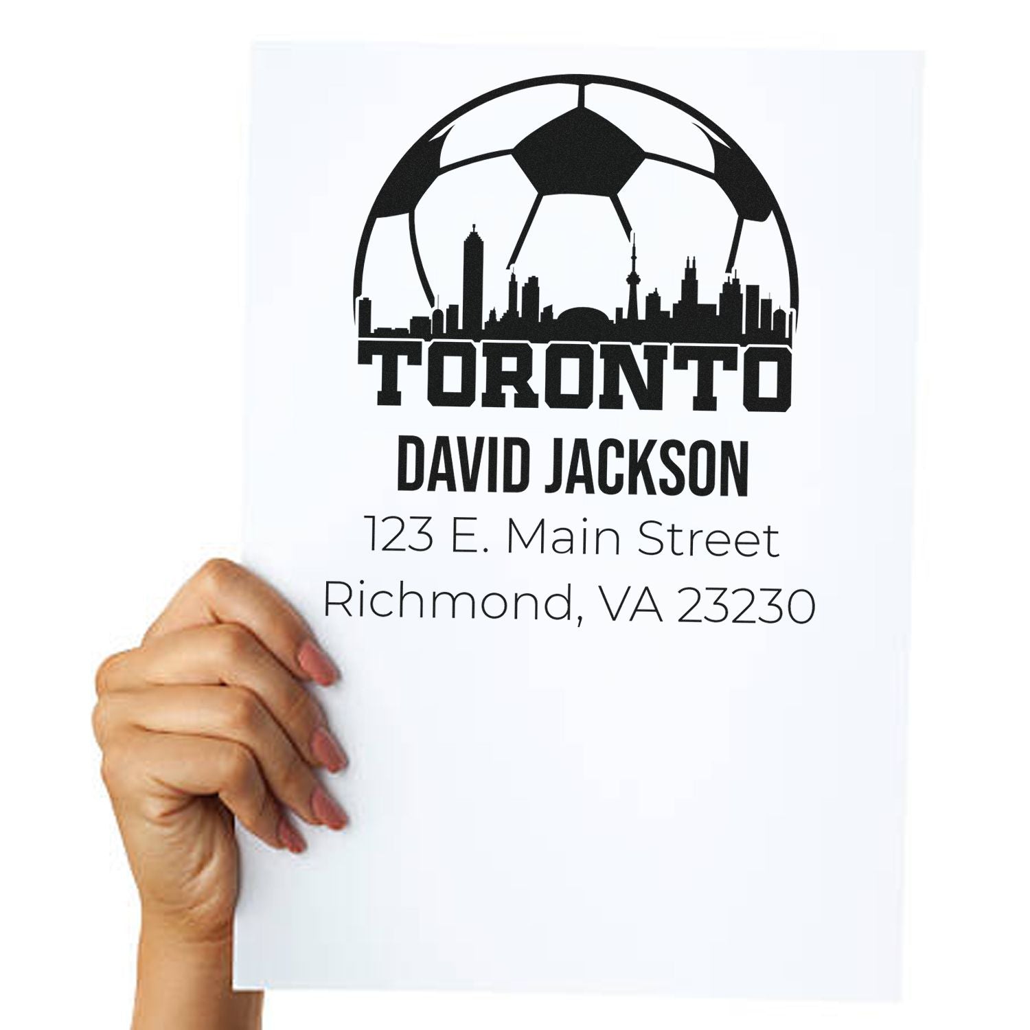 Custom Toronto soccer address rubber stamp for David Jackson with skyline logo and Richmond, VA return address.