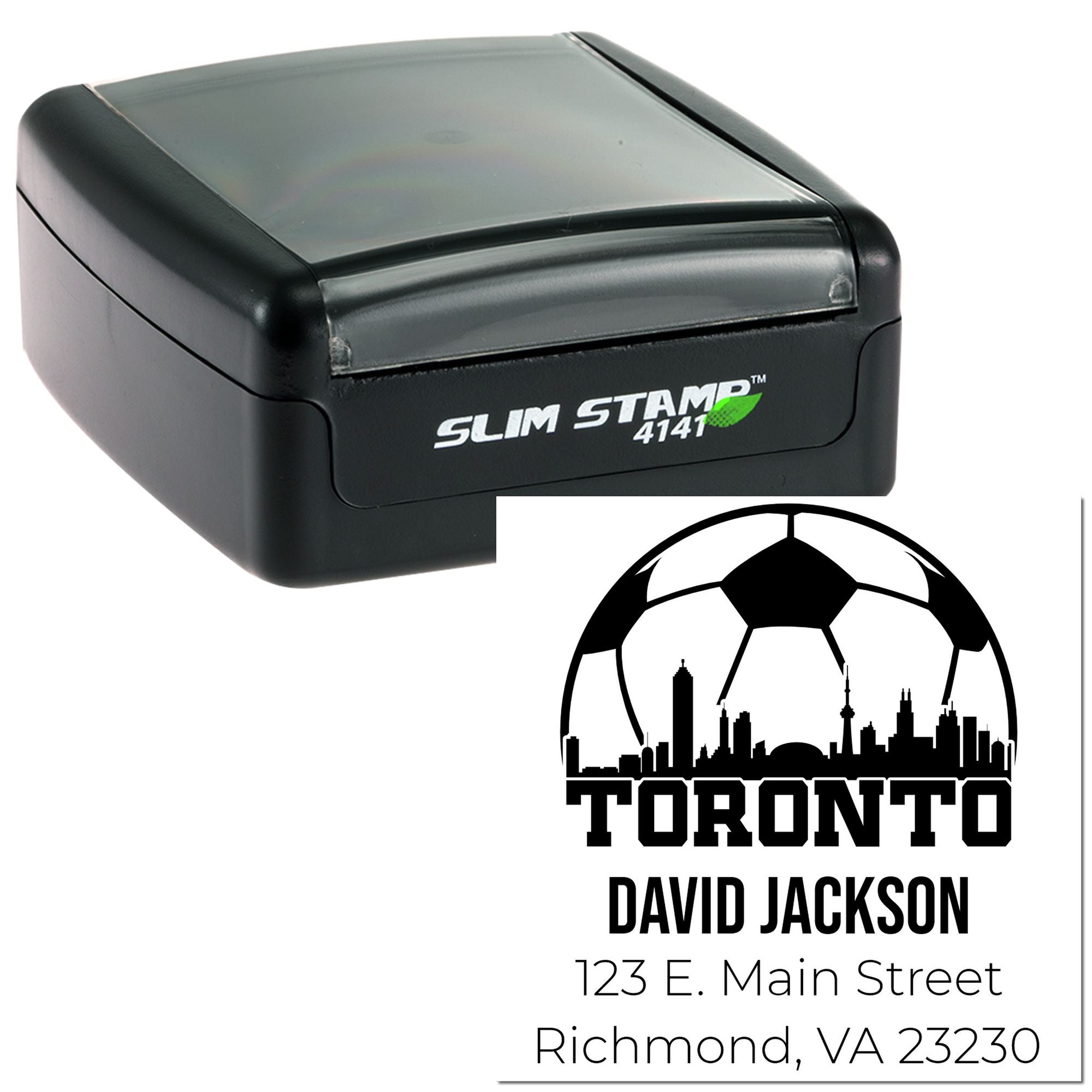 Custom self-inking rubber stamp showing Toronto return address design for personalized business mailings.