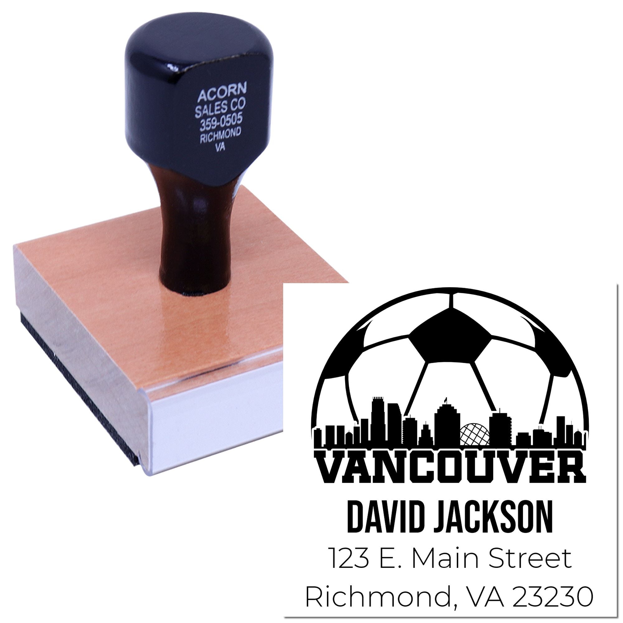 Personalized rubber stamp with Vancouver skyline logo and David Jackson address for business branding and mailing