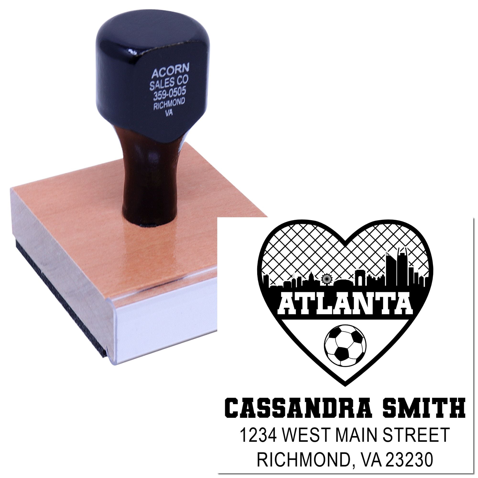Custom rubber stamp with Atlanta heart soccer logo and return address for Cassandra Smith in Richmond, VA.
