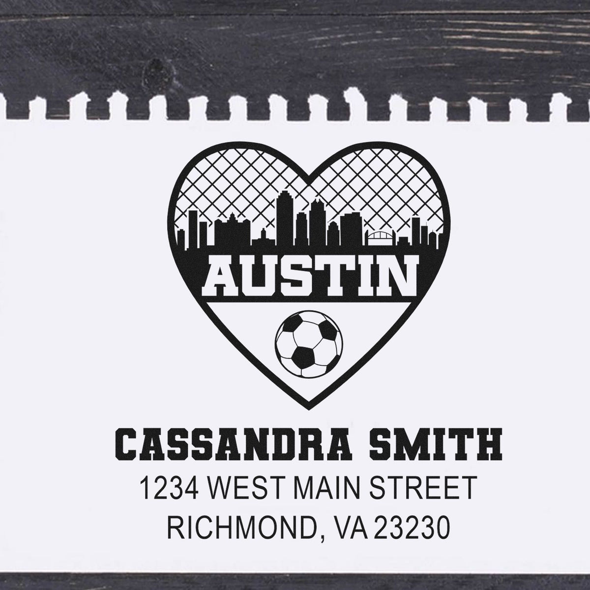 Custom address rubber stamp featuring Austin heart skyline, soccer ball, and Cassandra Smith Richmond, VA address.