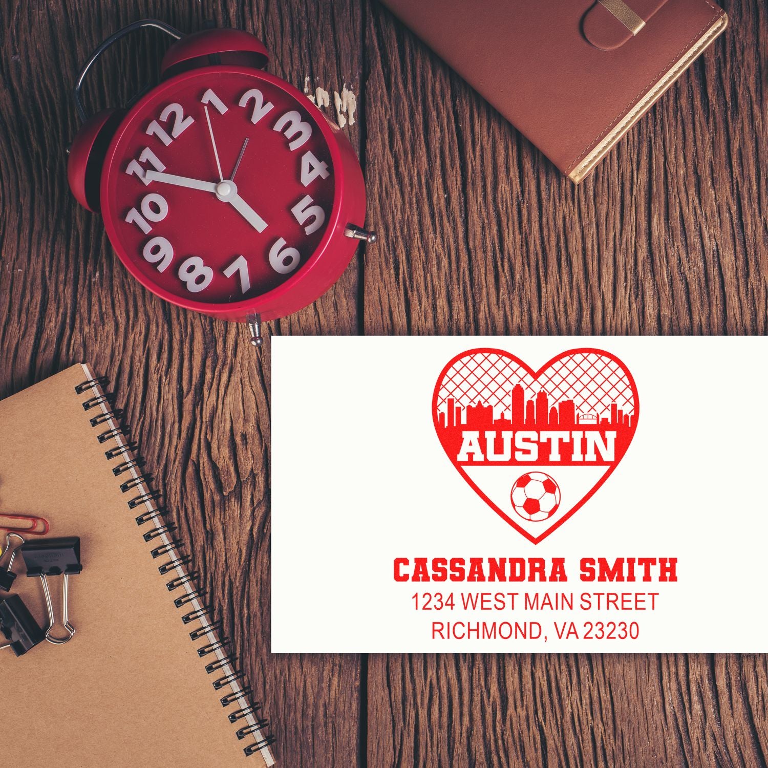 Personalized address rubber stamp for Cassandra Smith, featuring Austin heart logo and Richmond, VA return address.