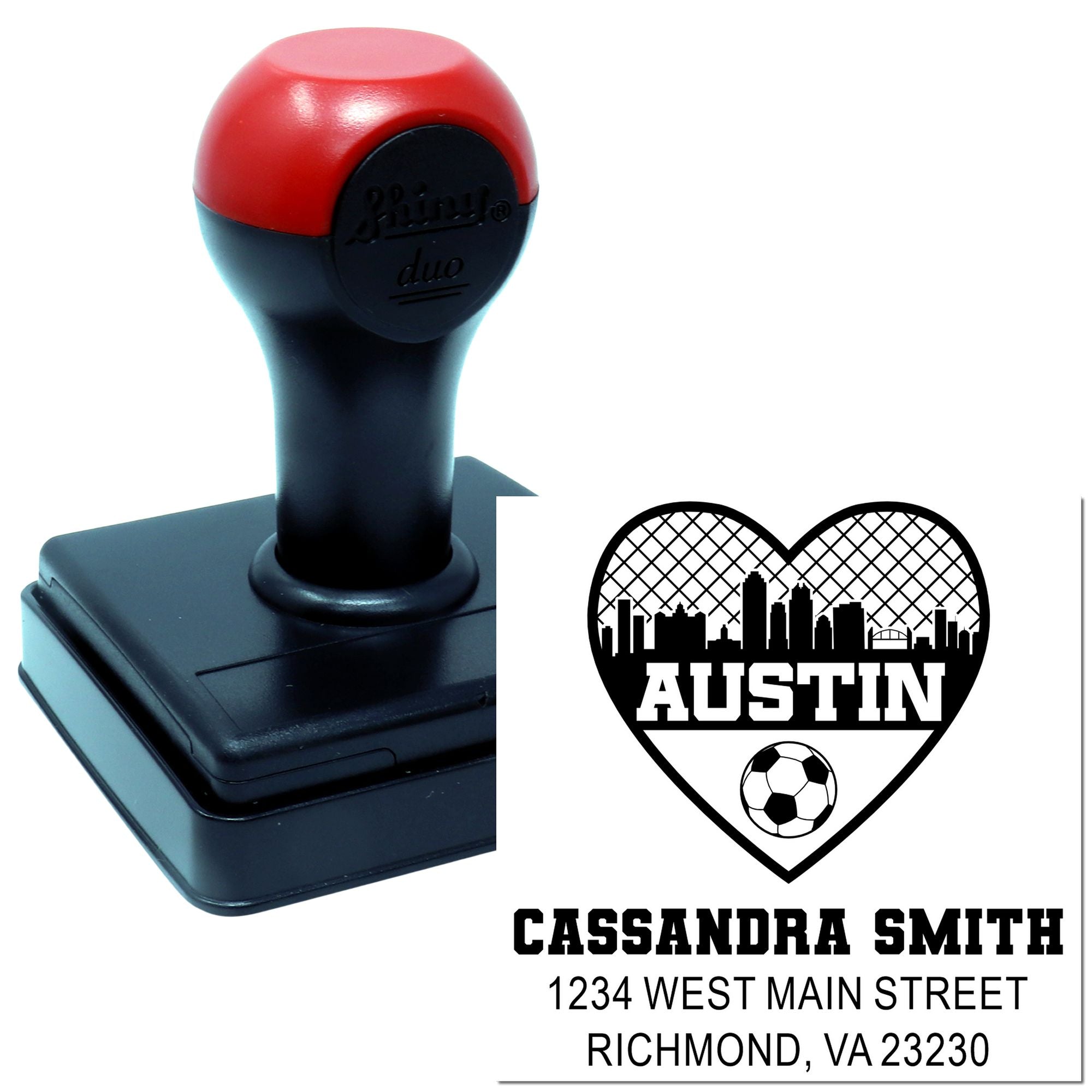 Custom self-inking rubber stamp with personalized Austin heart soccer name and address imprint