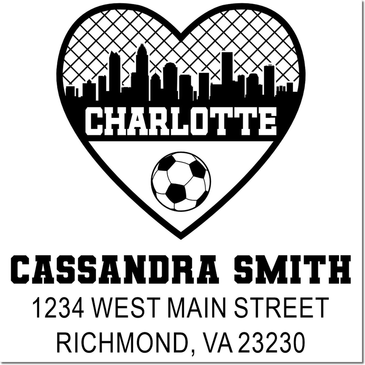 Custom Charlotte soccer return address rubber stamp with heart skyline, Cassandra Smith, Richmond VA 23230