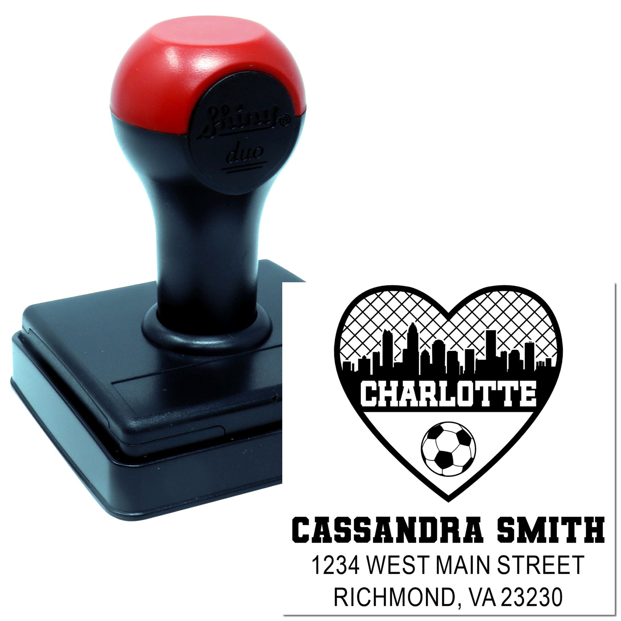 Personalized self-inking rubber address stamp with Charlotte heart soccer design for Cassandra Smith