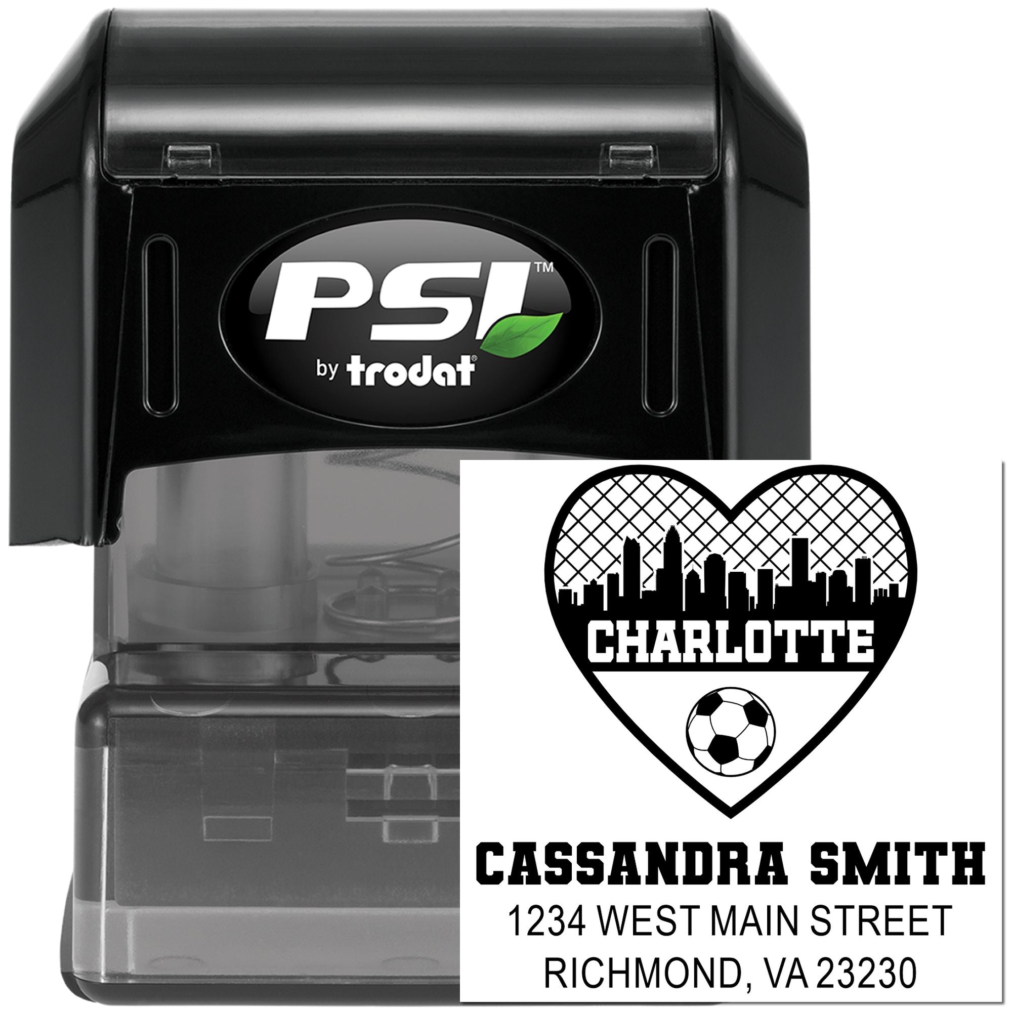 PSI by Trodat self-inking custom address rubber stamp with Charlotte soccer heart logo and personalized name and address design