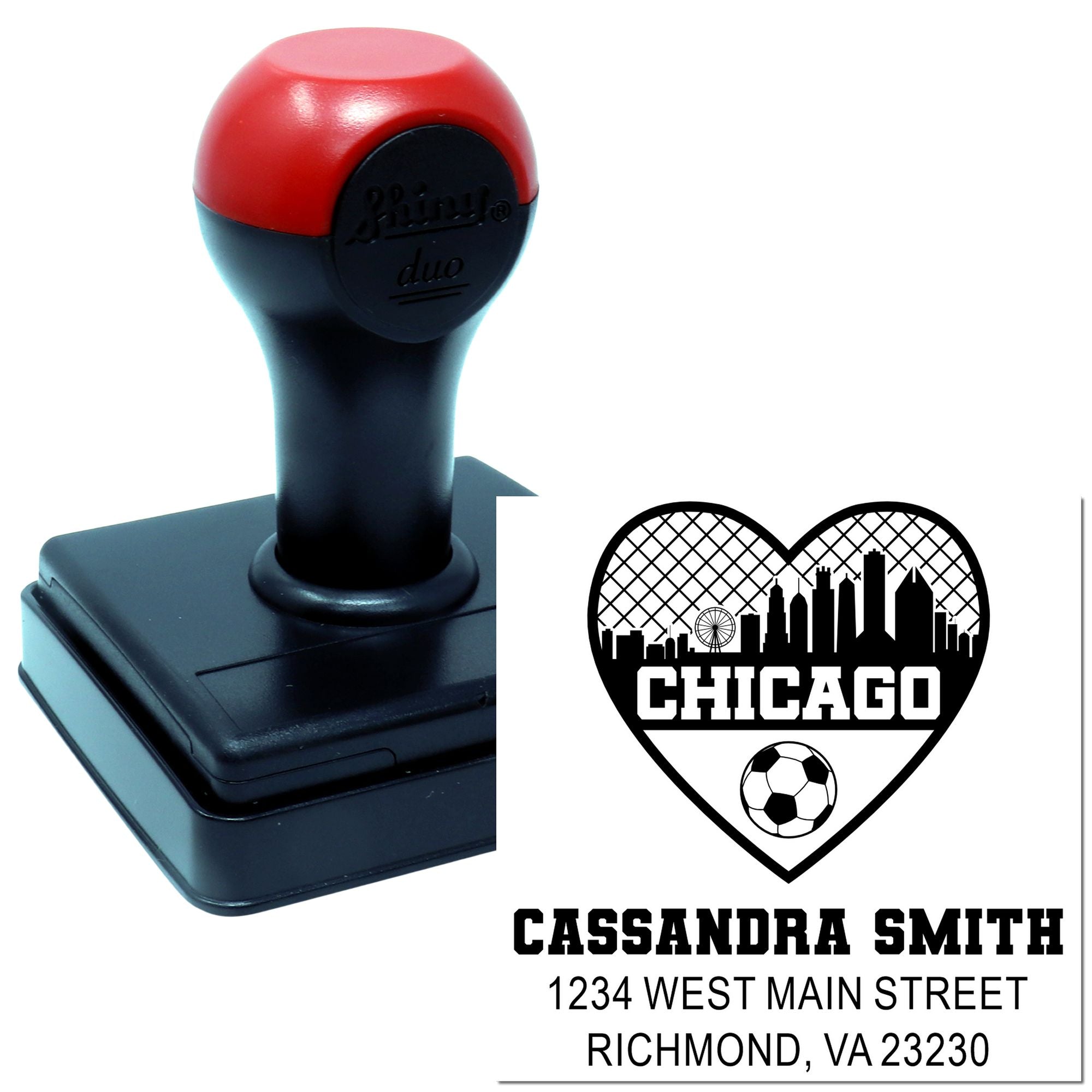 Custom self-inking rubber stamp with Chicago heart design, soccer ball, name and address imprint for personalized business use.