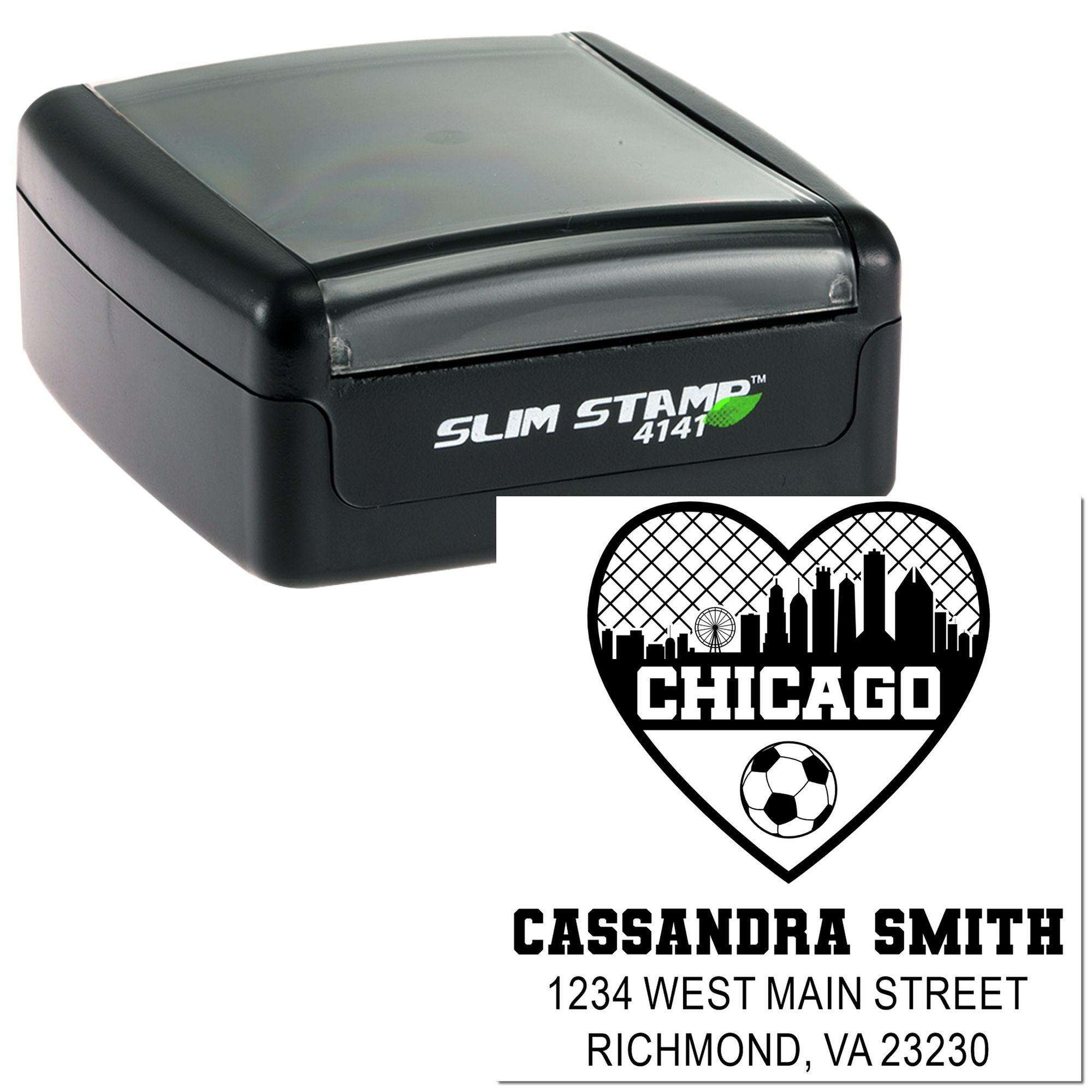 Personalized self-inking rubber address stamp with Chicago soccer heart design, name, and address in Slim Stamp 4141 case.