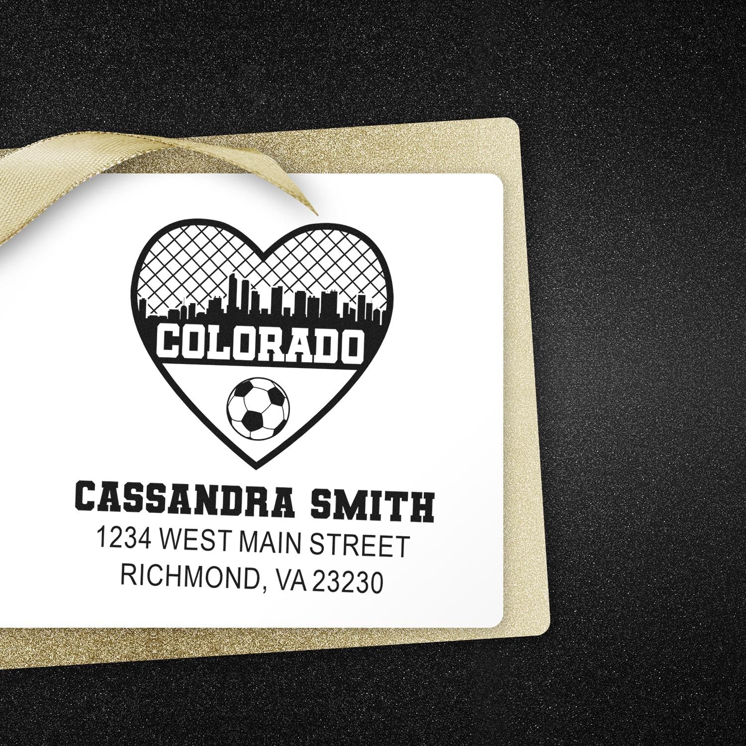 Custom Colorado soccer heart rubber stamp with name and address for Cassandra Smith, Richmond, VA.