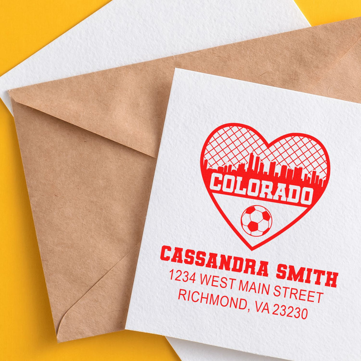 Personalized return address rubber stamp with Colorado heart soccer design for mail envelopes.