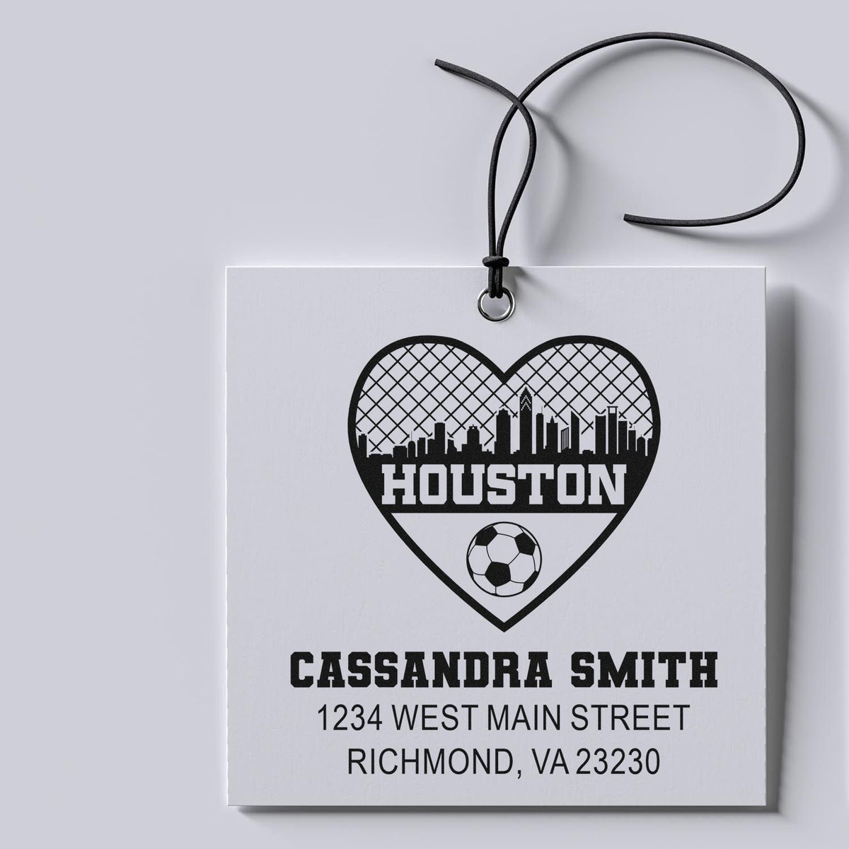 Custom rubber stamp design featuring Houston heart skyline, soccer ball, and personalized name and address for return mail.