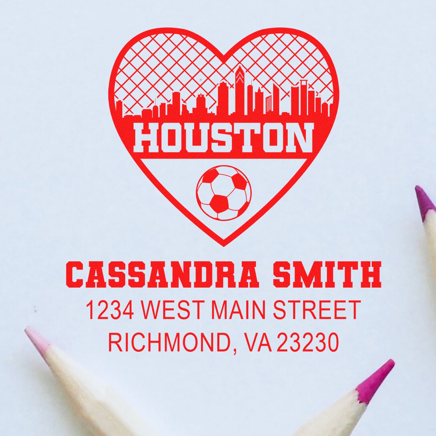 Custom rubber stamp with Houston skyline heart, soccer ball, and Cassandra Smith name and address, Richmond VA.
