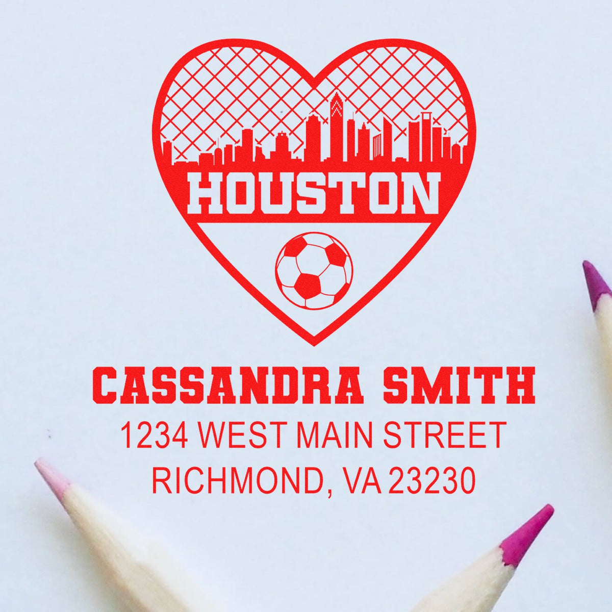 Custom Houston heart soccer rubber stamp with skyline, personalized name and address for stationery, cards, and packaging.