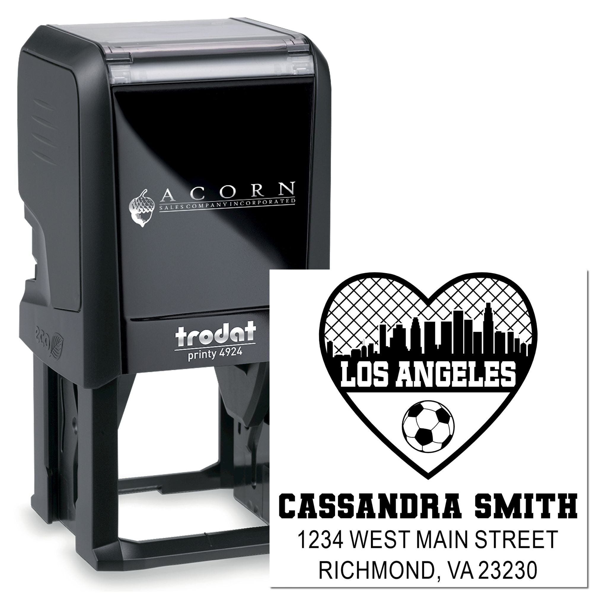 Trodat self-inking rubber stamp with custom Los Angeles soccer logo, name, and address for personalized business or return address stamping.