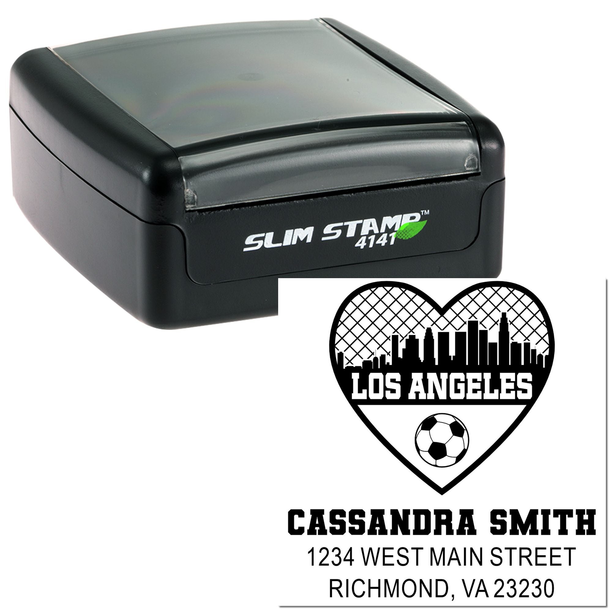 Custom self-inking rubber stamp with soccer logo, city skyline, and return address for personalized mailing and branding.
