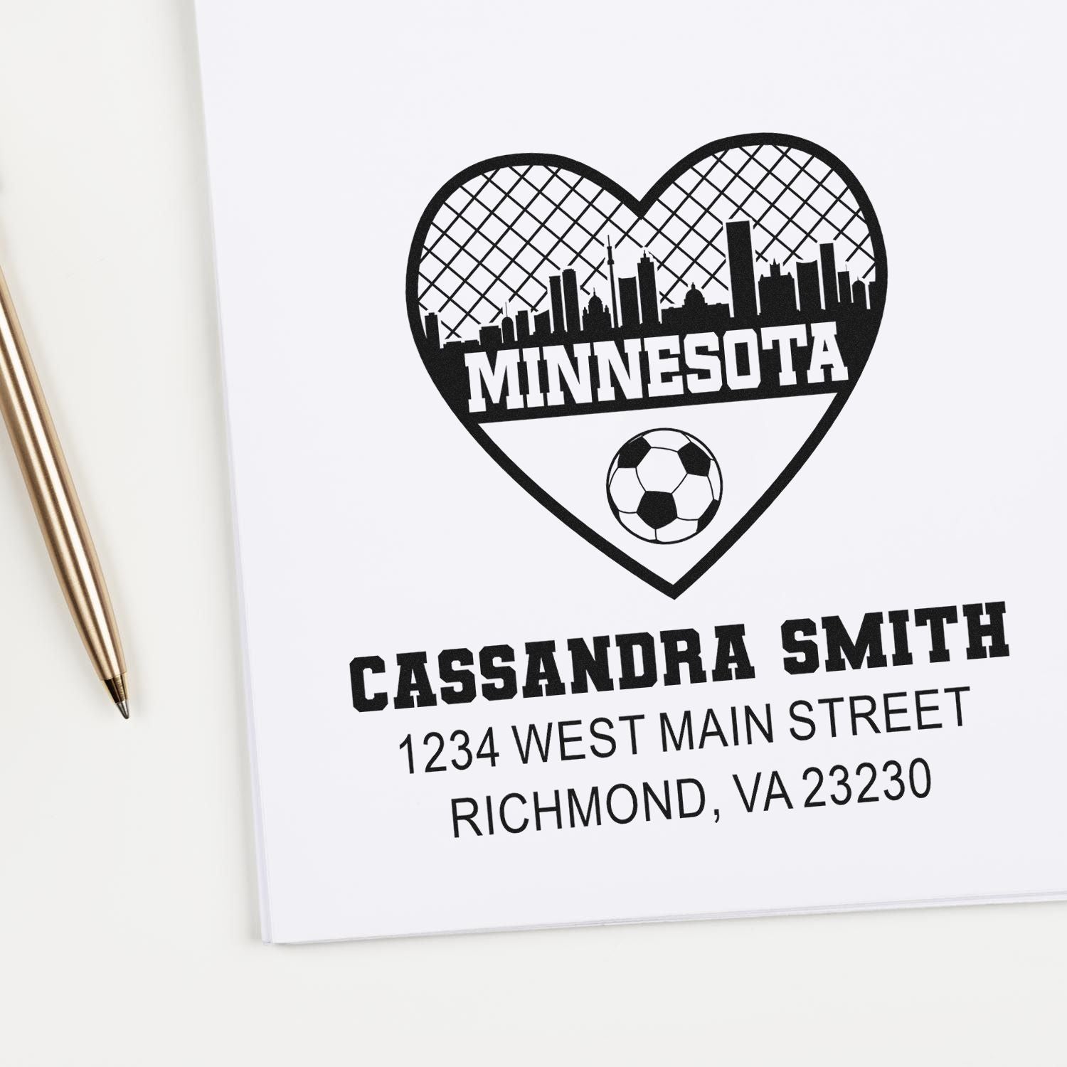 Personalized rubber stamp design with Minnesota soccer heart logo, Cassandra Smith name, and custom return address.