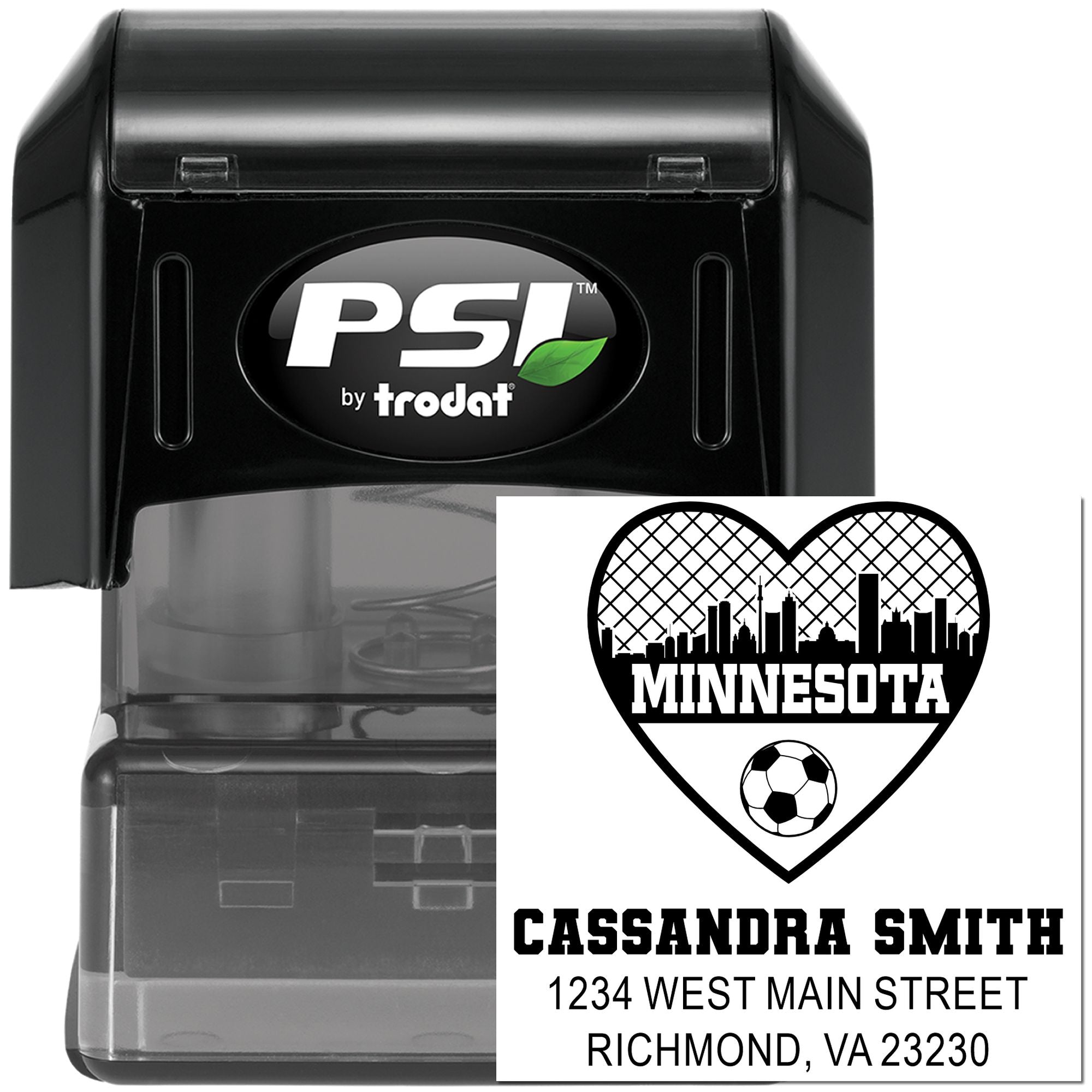 Custom self-inking rubber stamp by PSI Trodat with Minnesota heart soccer design and personalized name and address.