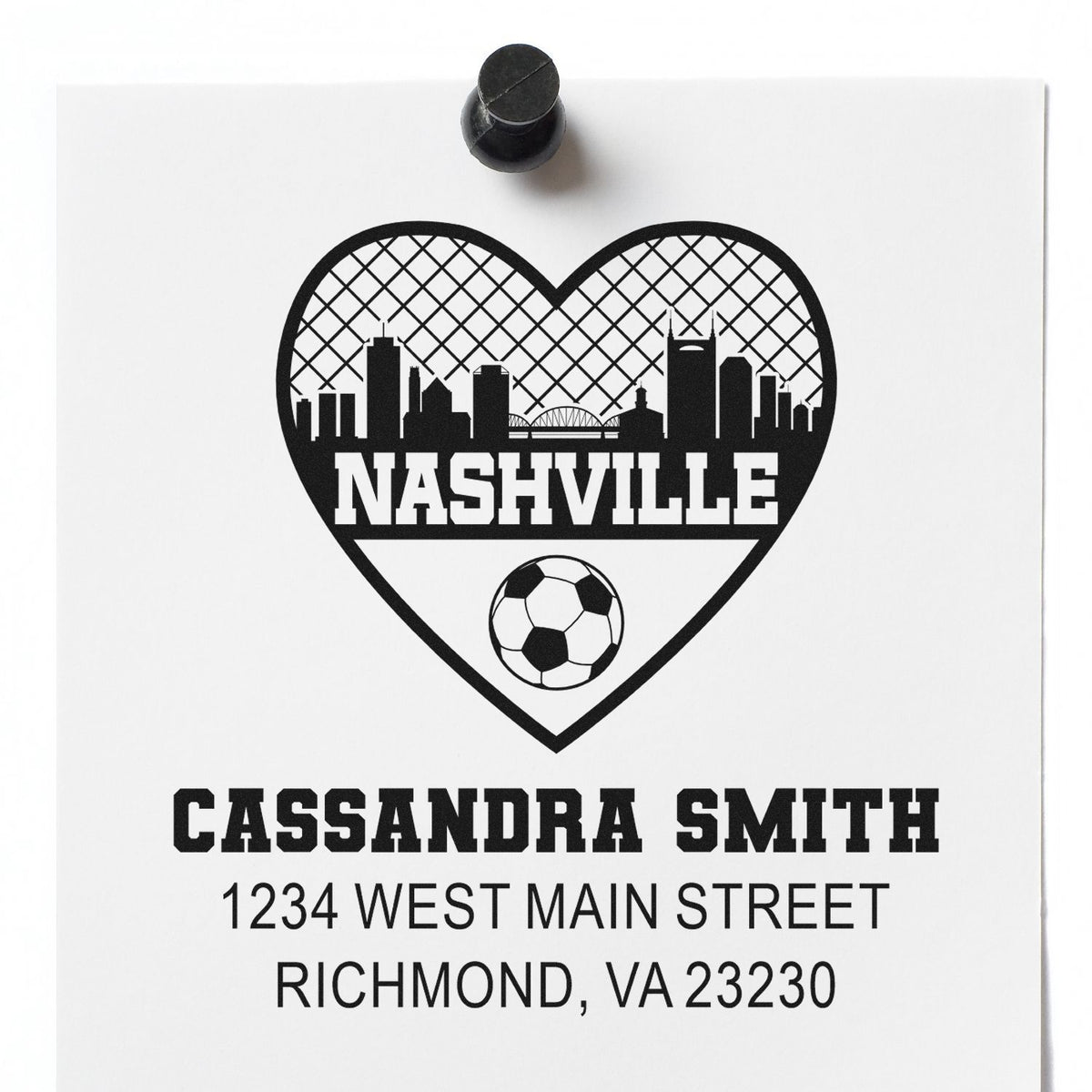 Custom personalized return address rubber stamp with Nashville heart skyline, soccer ball, and Cassandra Smith address.