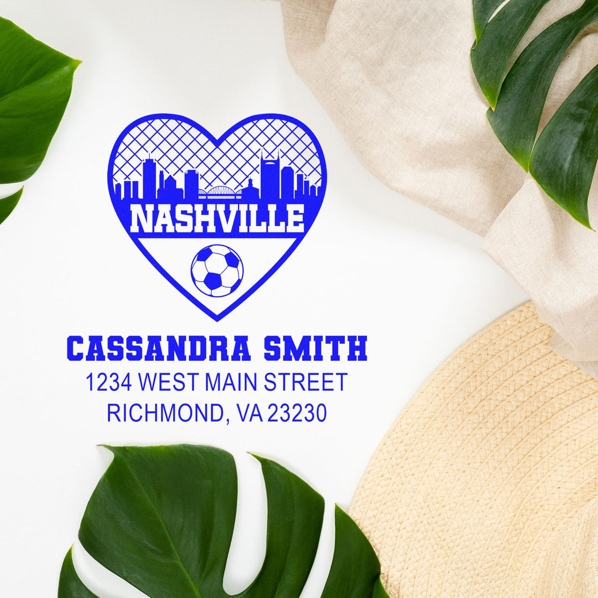 Custom Nashville heart skyline return address rubber stamp with soccer ball, personalized for Cassandra Smith, Richmond, VA.