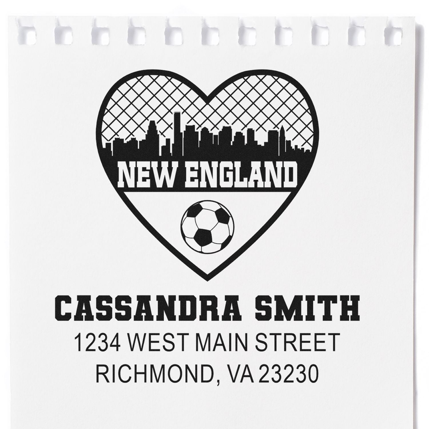 Custom return address rubber stamp with New England soccer heart design, name, street address, and city skyline.