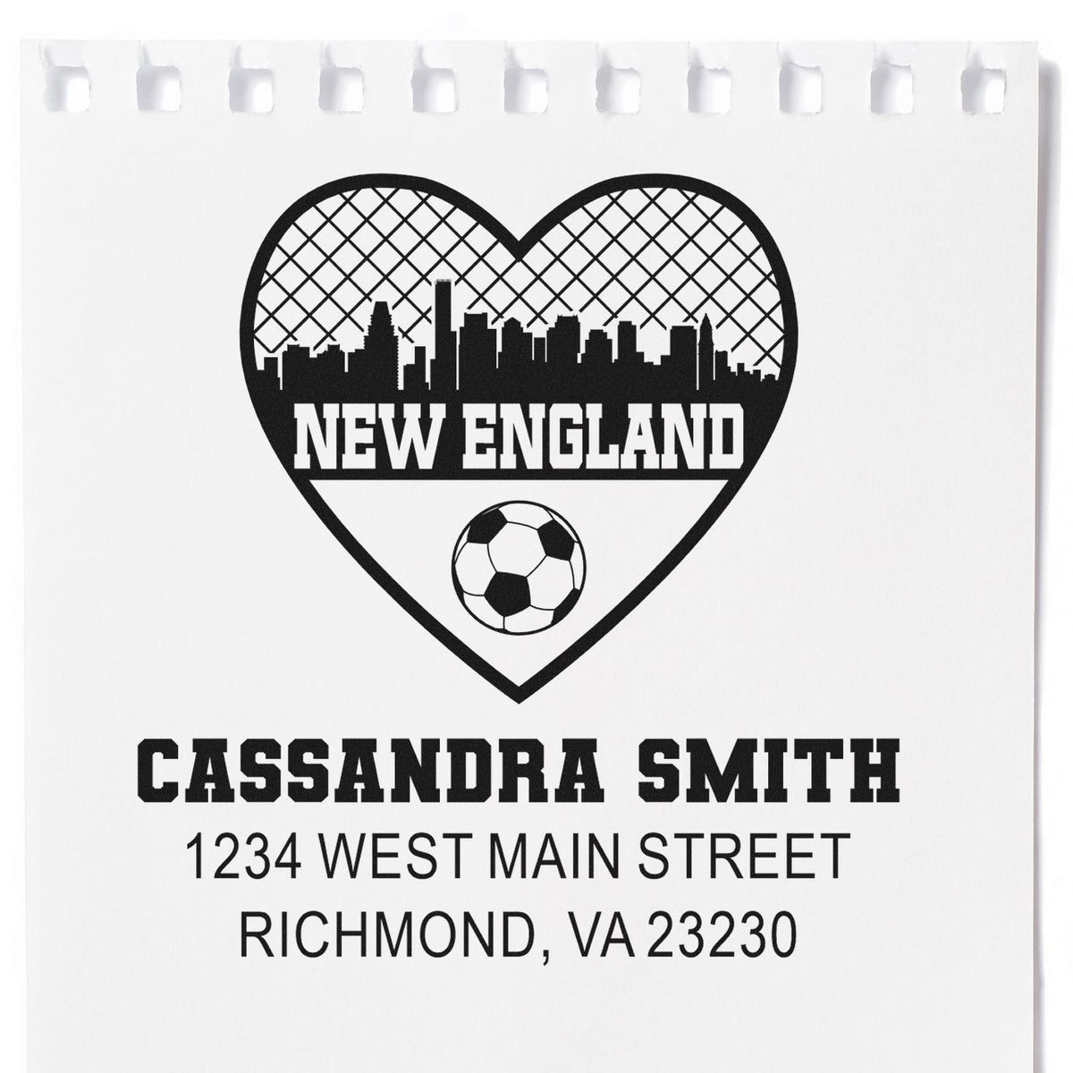 Personalized New England soccer heart rubber stamp with Cassandra Smith return address, Richmond, VA 23230.