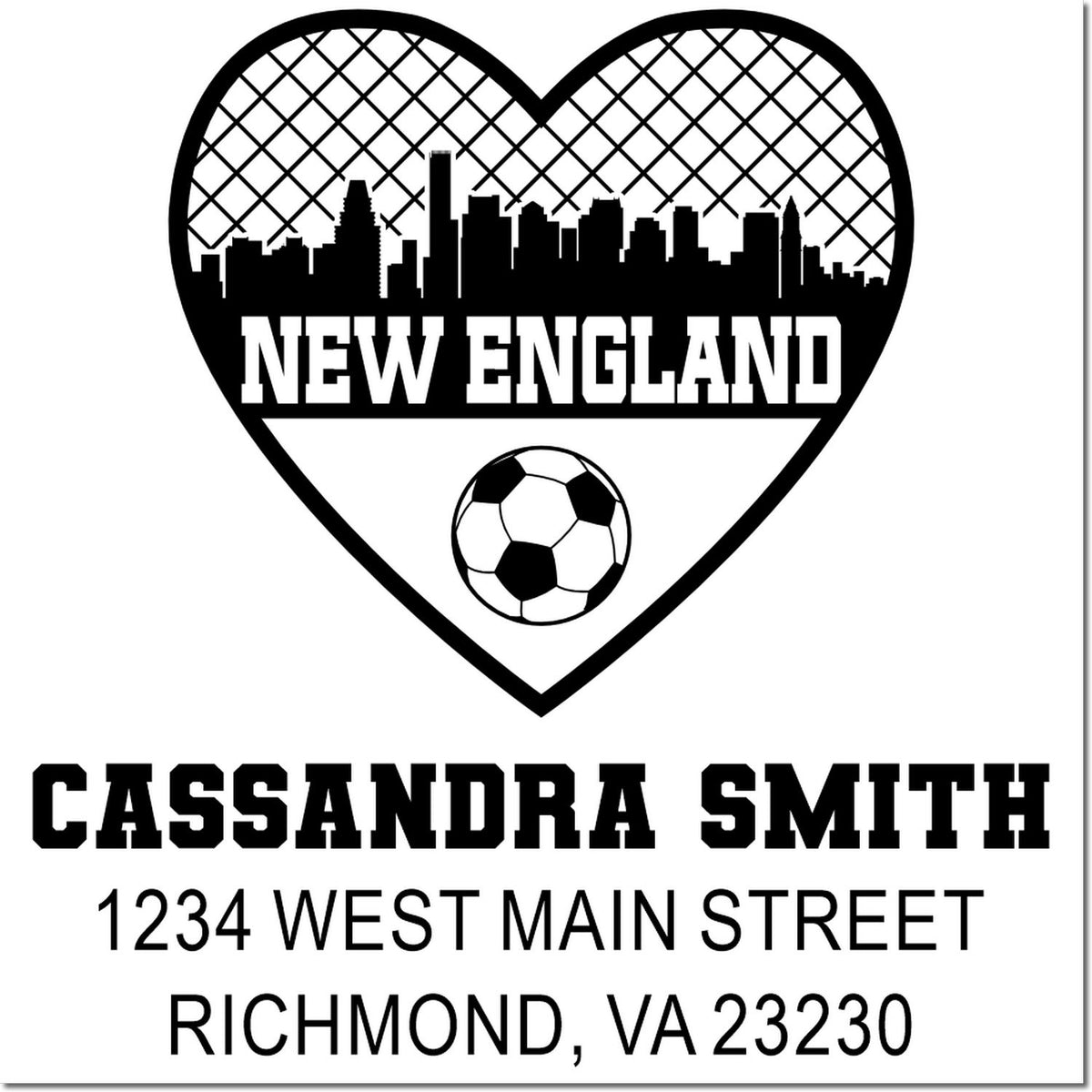 Custom New England soccer rubber stamp with heart skyline logo and address for Cassandra Smith, Richmond VA 23230
