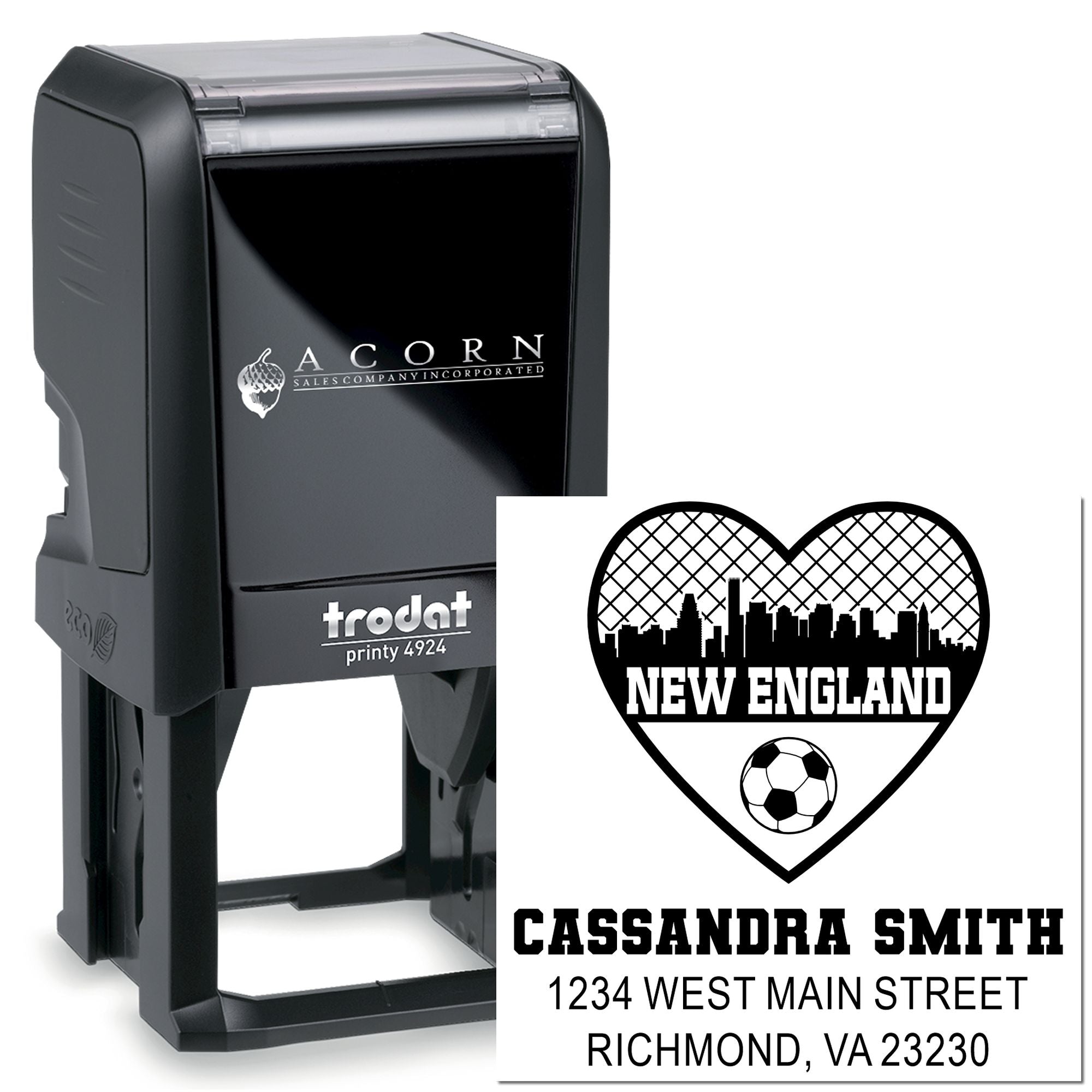 Custom self-inking rubber stamp with New England soccer heart logo, name, and address for personalized business or return use.