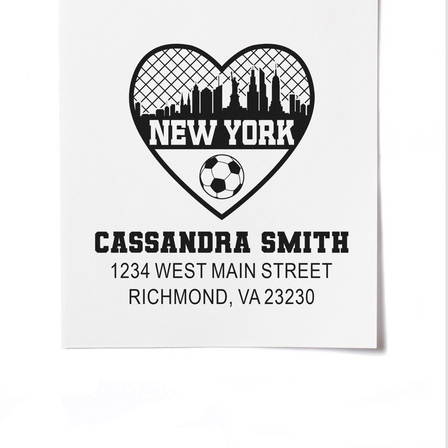 Personalized rubber return address stamp with New York skyline heart and soccer ball design for Cassandra Smith.
