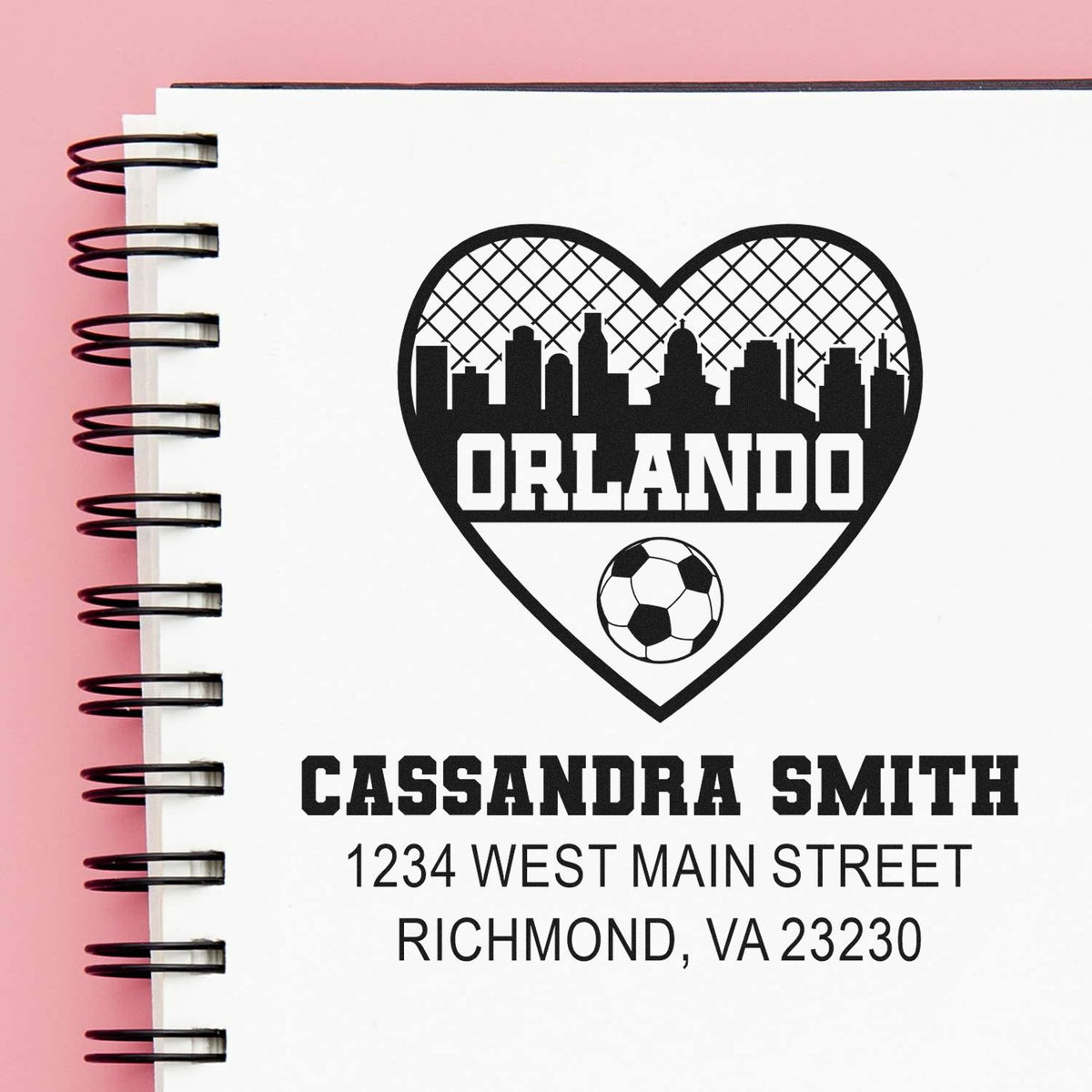 Custom rubber stamp design with Orlando heart skyline, soccer ball, and return address for Cassandra Smith in Richmond, VA 23230.