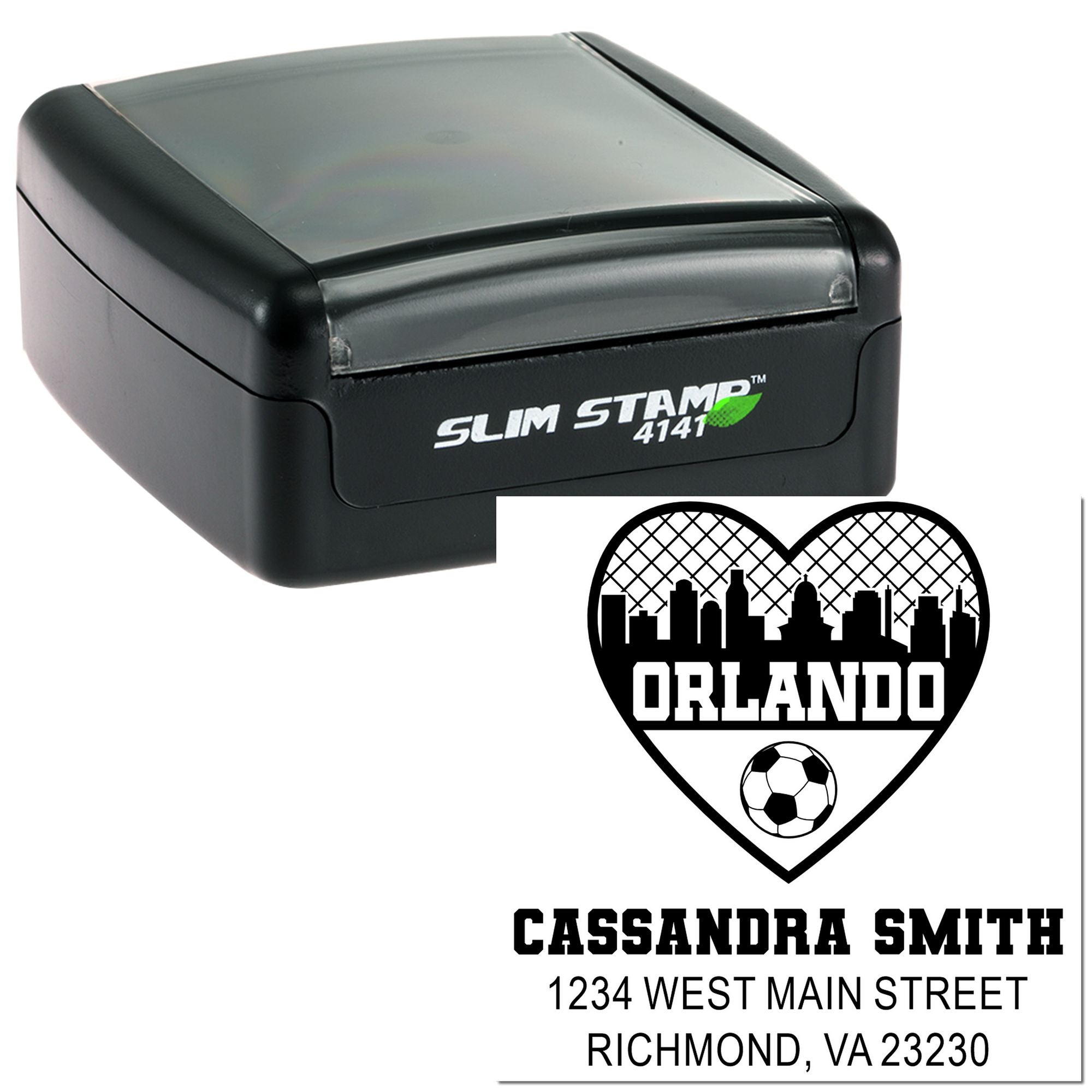 Custom self-inking rubber stamp with Orlando soccer heart design, name, and address for personalized mail.
