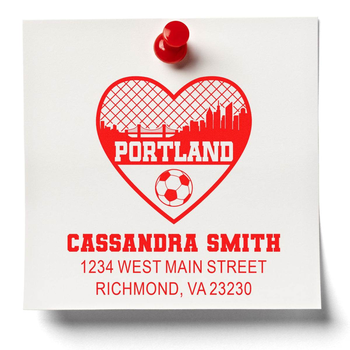 Custom return address rubber stamp with Portland heart skyline design, Cassandra Smith, and Richmond, VA address.