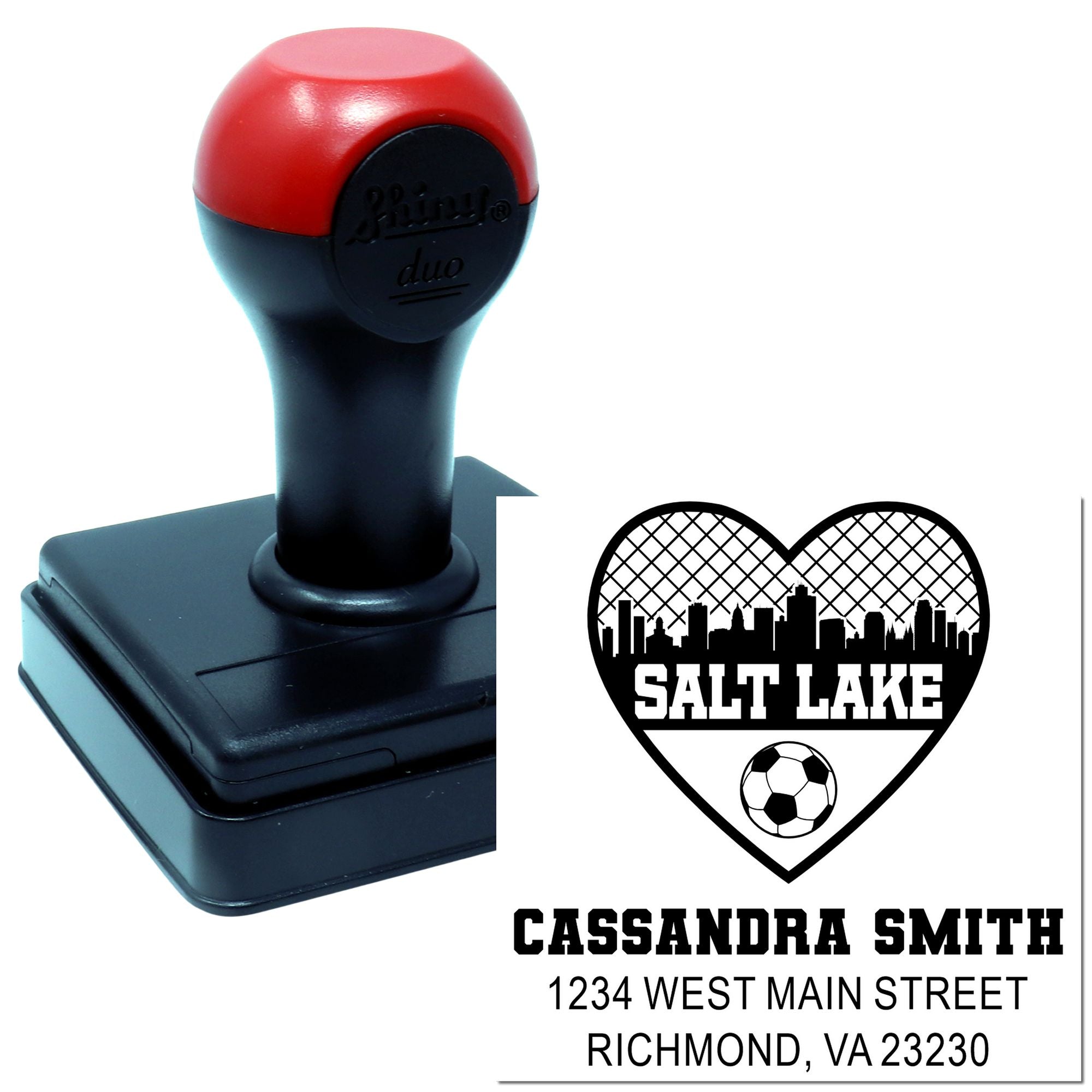 Custom self-inking rubber address stamp with Salt Lake soccer heart logo and personalized name imprint