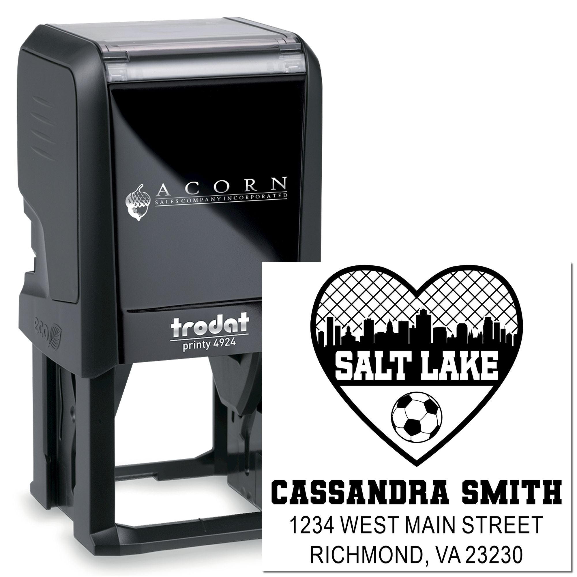 Custom self-inking rubber stamp with address and logo design, shown on Trodat Printy stamp for personalized business use.
