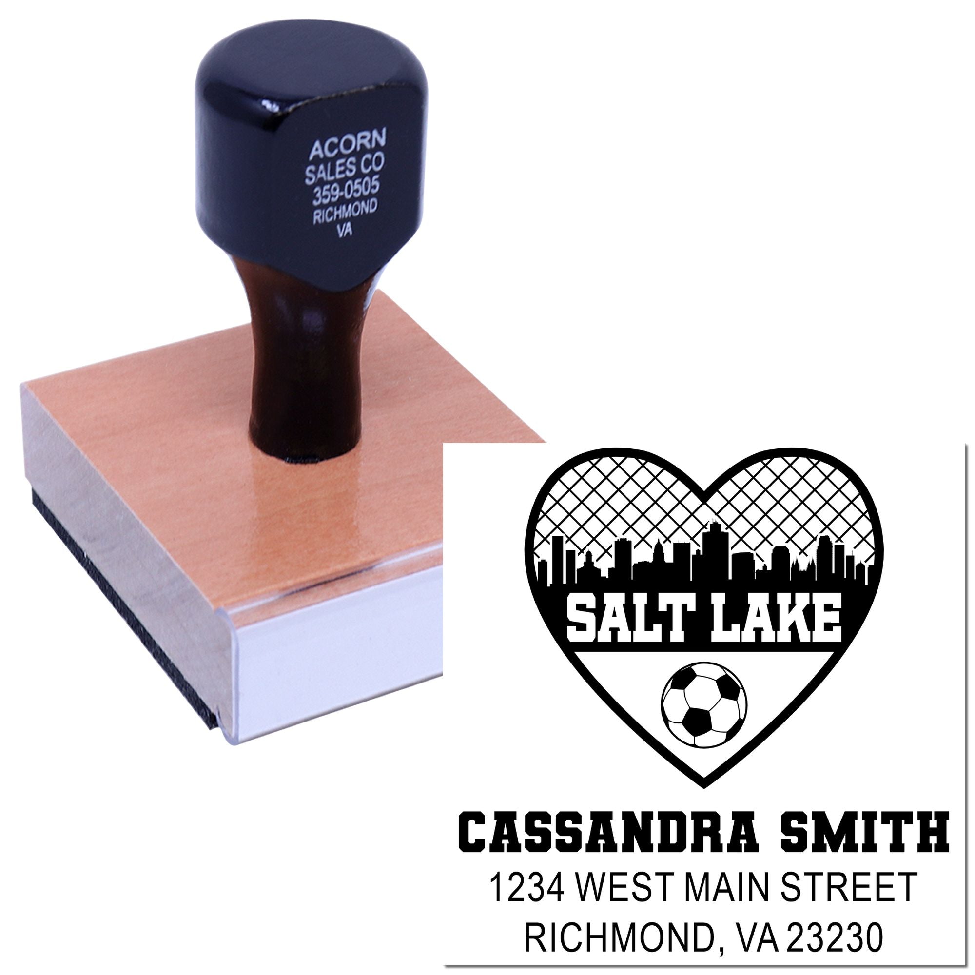 Custom rubber stamp featuring a Salt Lake soccer heart design with name and address for personalized return or business stamping.