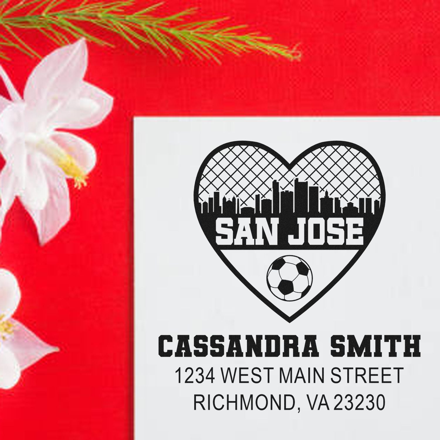Custom San Jose soccer address rubber stamp with heart skyline, personalized name, street, and city for mailing.