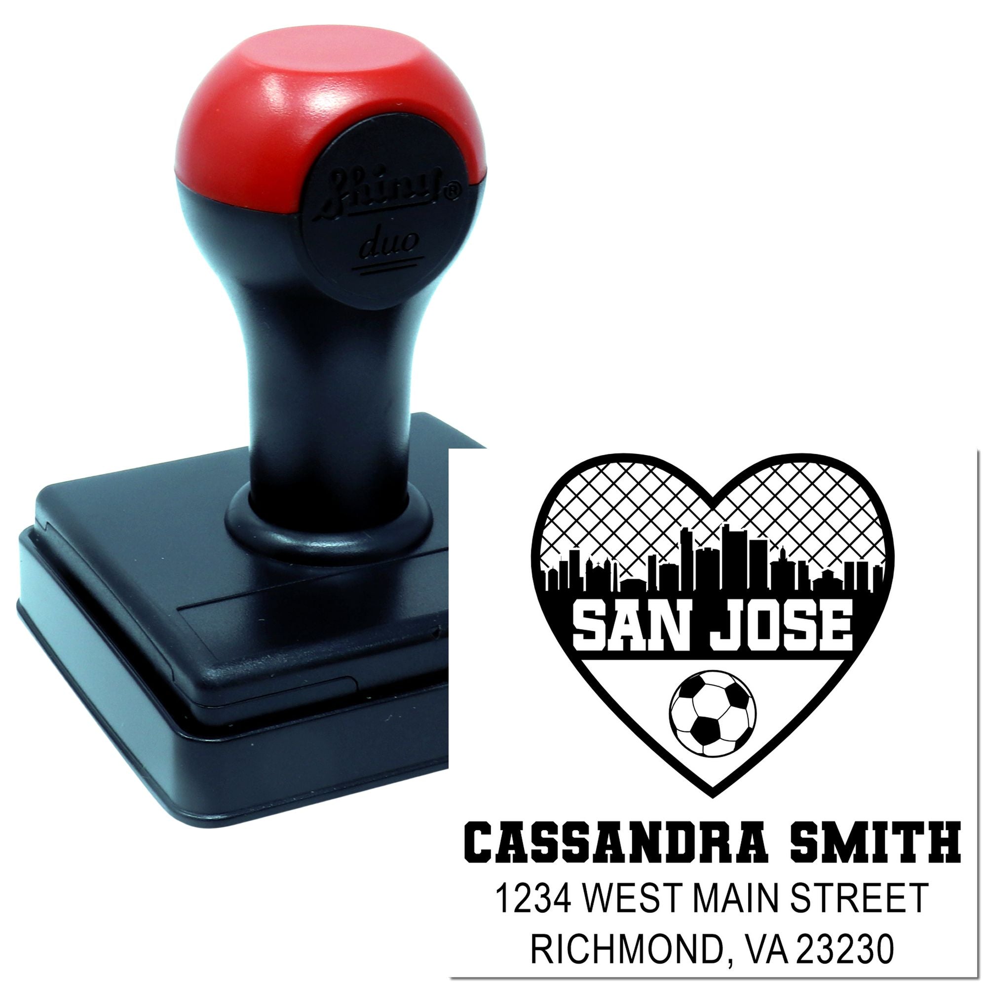 Custom self-inking rubber stamp with personalized heart skyline soccer design for Cassandra Smith, Richmond VA address imprint