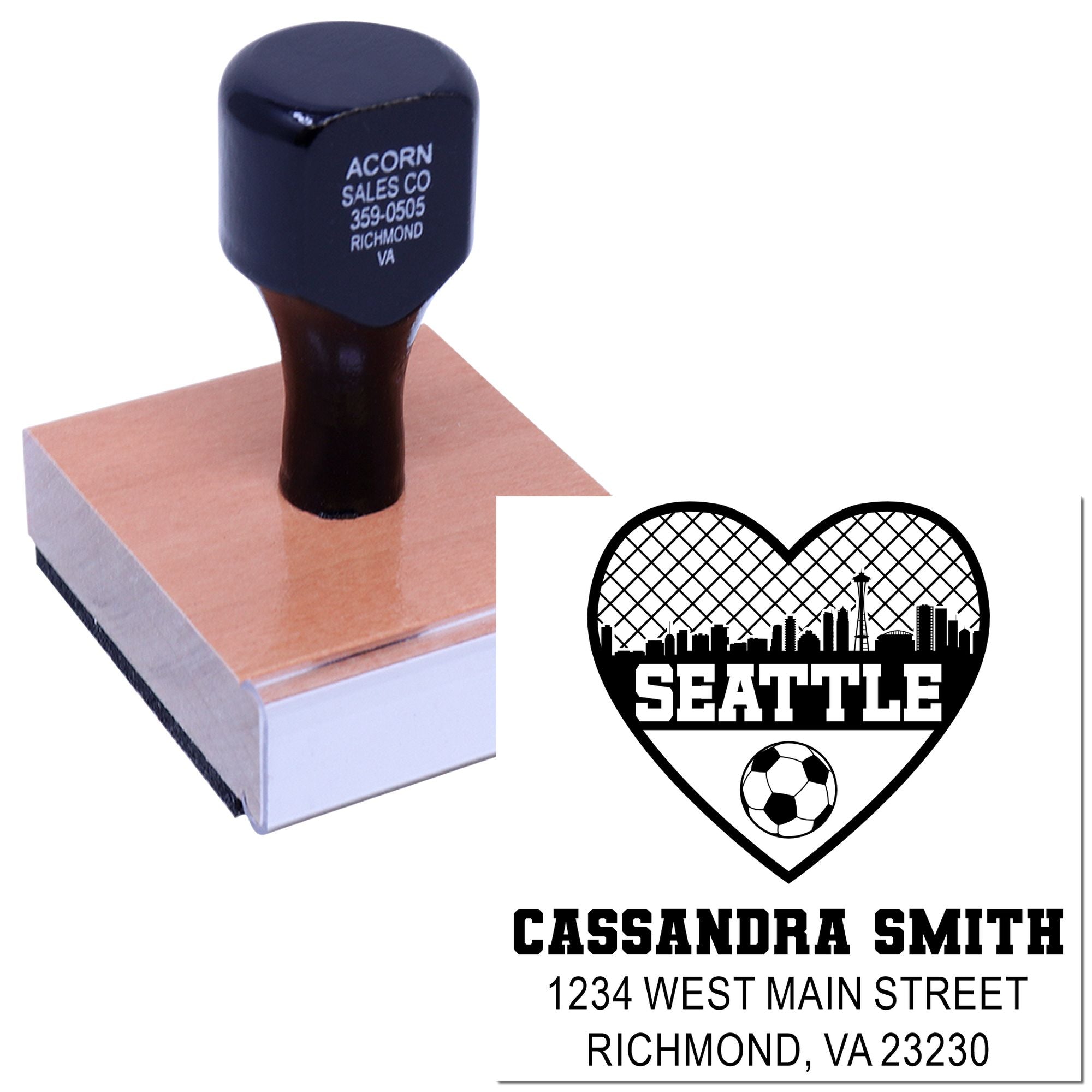 Seattle Soccer Love Name and Address Stamper Personalized Stamp with Wood Handle