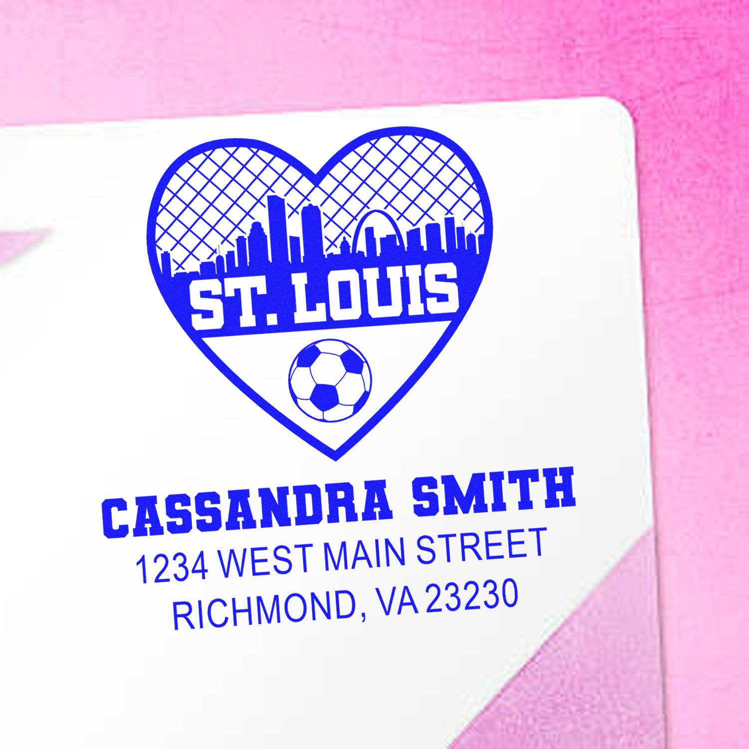 Custom St. Louis soccer heart return address rubber stamp for Cassandra Smith, Richmond, VA 23230.