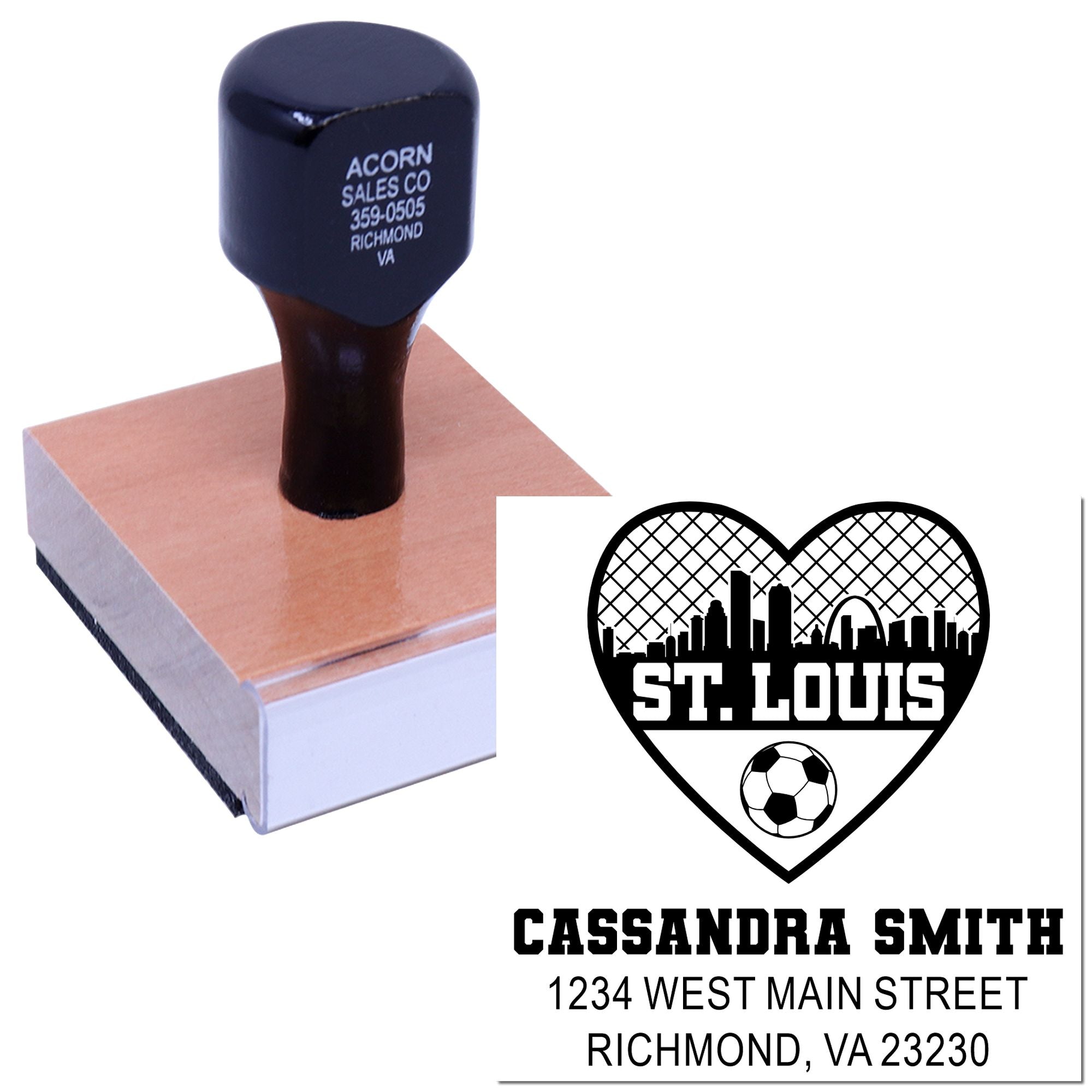 Custom rubber stamp with St. Louis heart soccer logo and personalized name, address, and city for business or team branding.