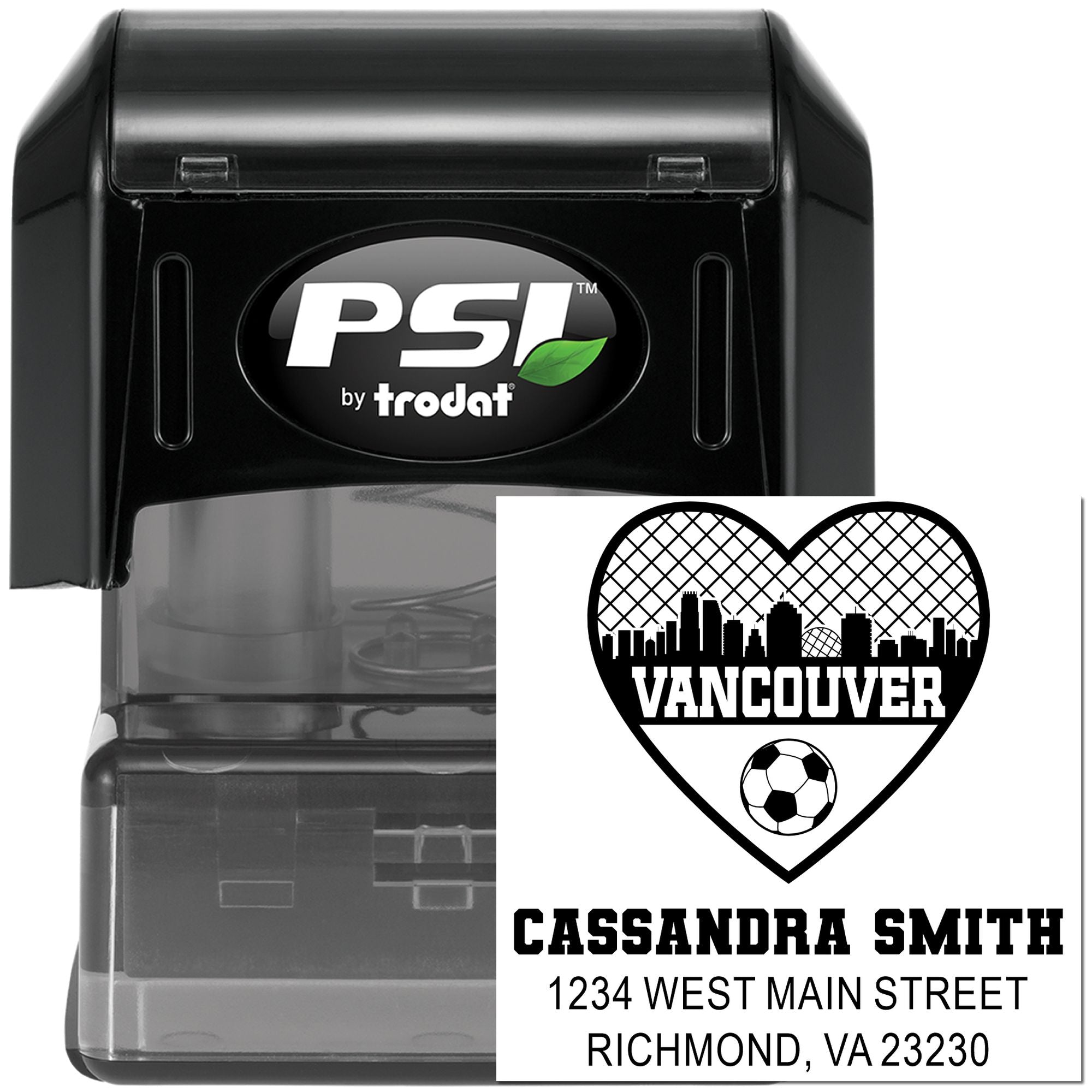 Custom self-inking address stamp by PSI by Trodat with Vancouver heart soccer design, name and mailing address.