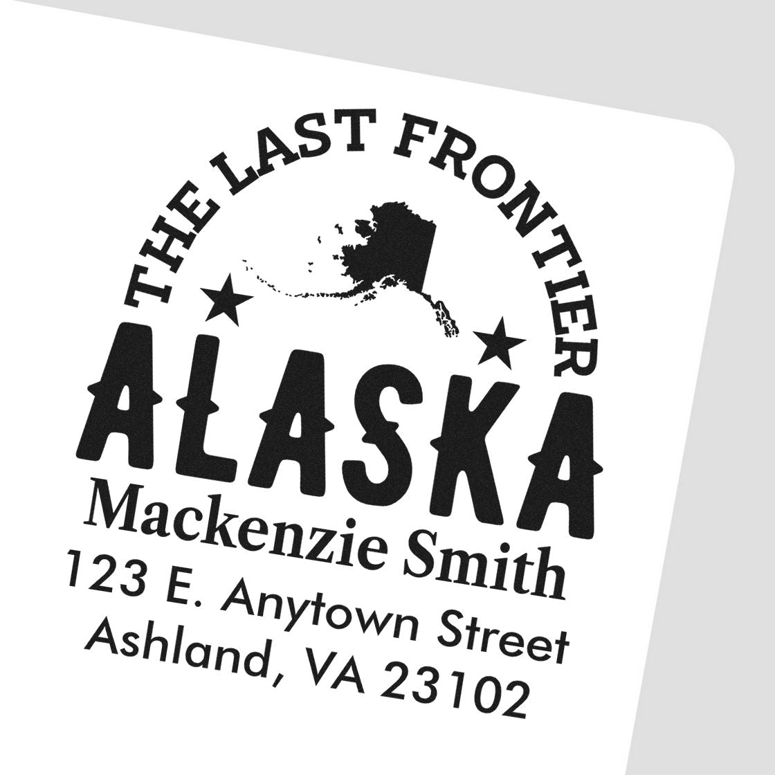 Custom Alaska return address rubber stamp with The Last Frontier design for Mackenzie Smith, Ashland, VA 23102.