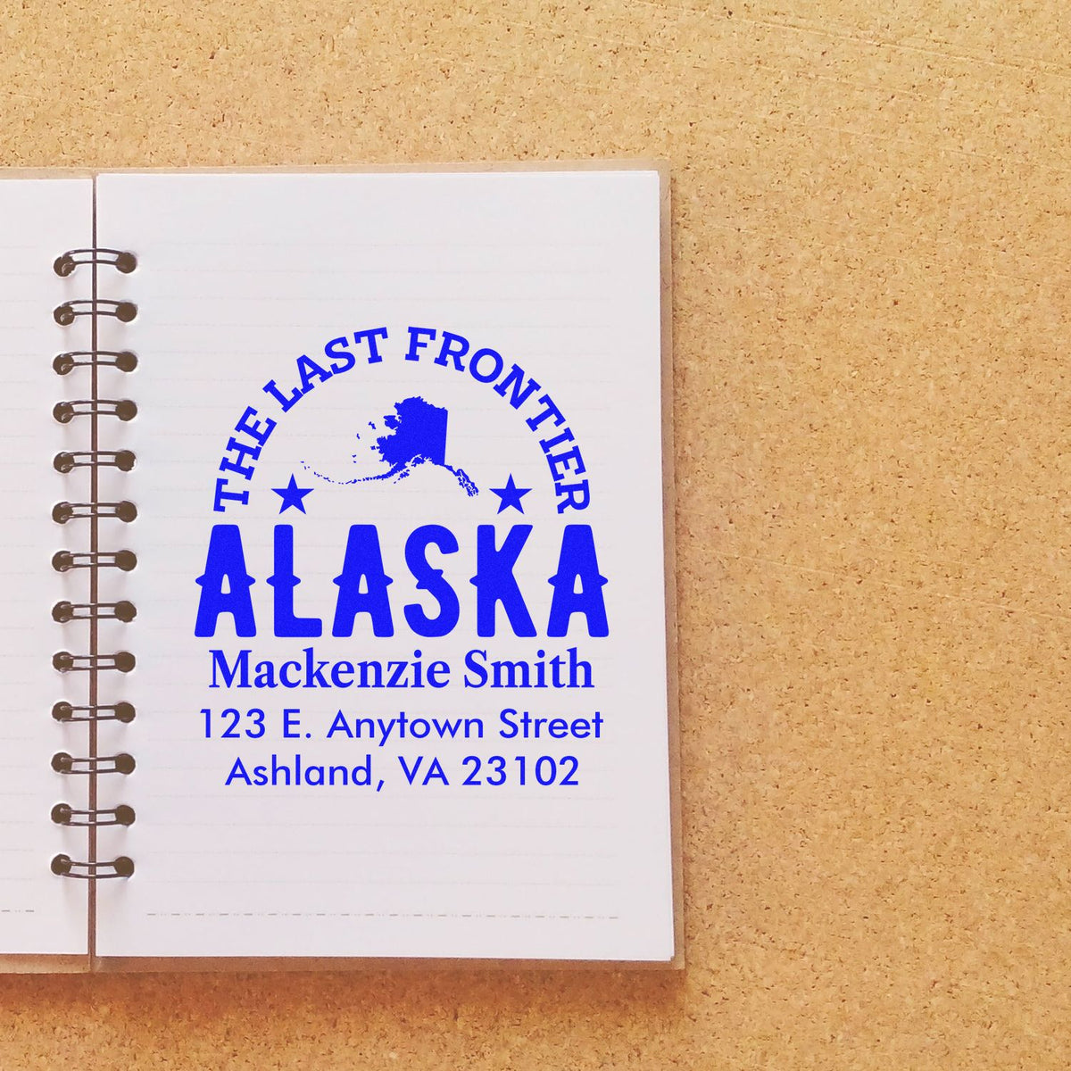 Custom Alaska return address rubber stamp with The Last Frontier design, name, and address for envelopes and stationery.
