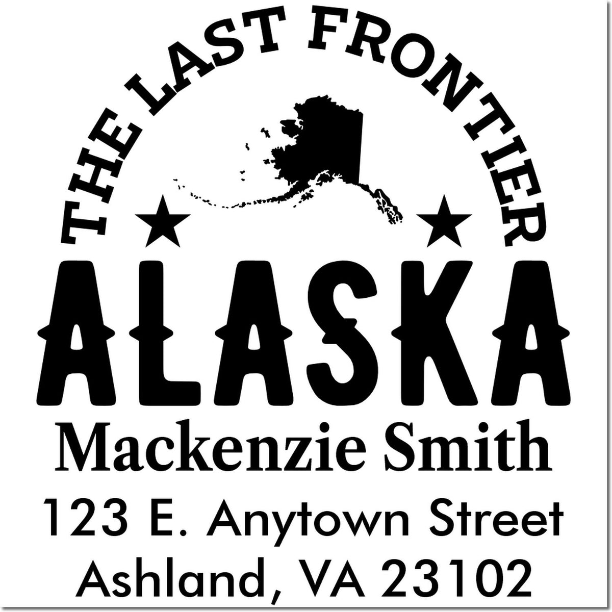 Custom Alaska address rubber stamp with The Last Frontier design, name, and return address.