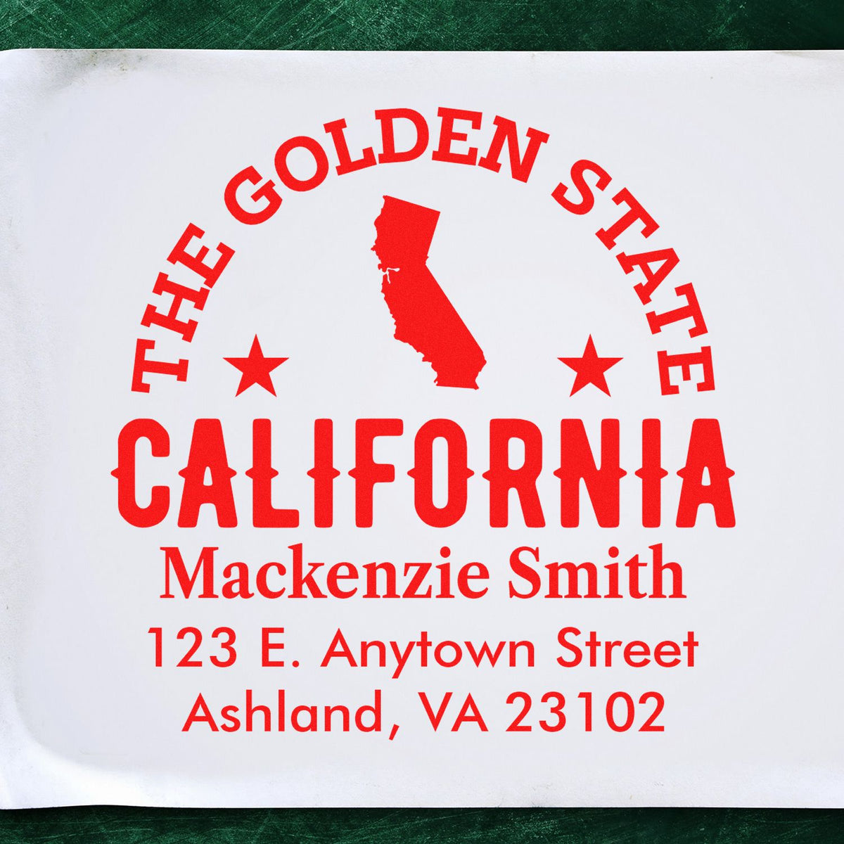 Custom California return address rubber stamp with Golden State design for Mackenzie Smith, Ashland, VA 23102.